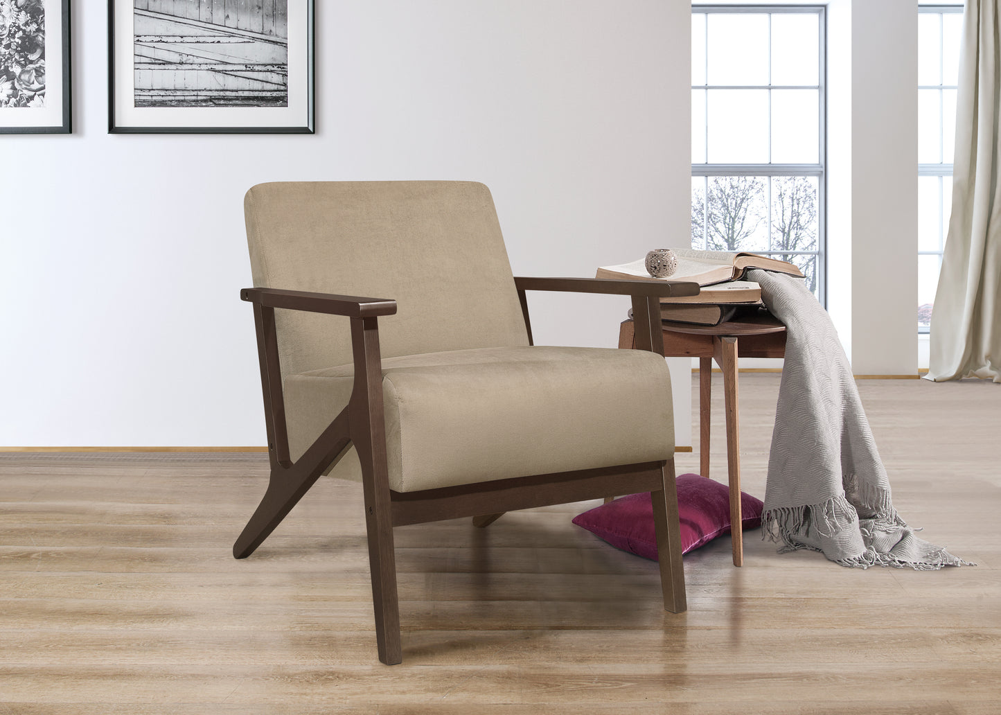 Homelegance August Accent Chair in Light Brown Velvet with Dark Walnut Finish 1031BR-1