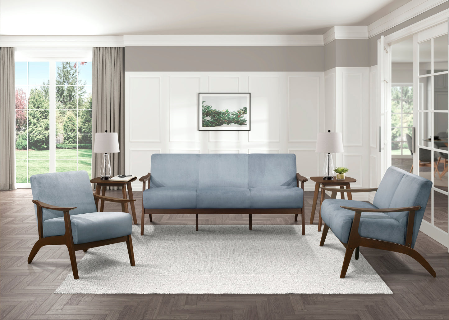 Homelegance Carlson Accent Chair in Blue Gray Velvet with Dark Walnut Finish 1032BGY-1