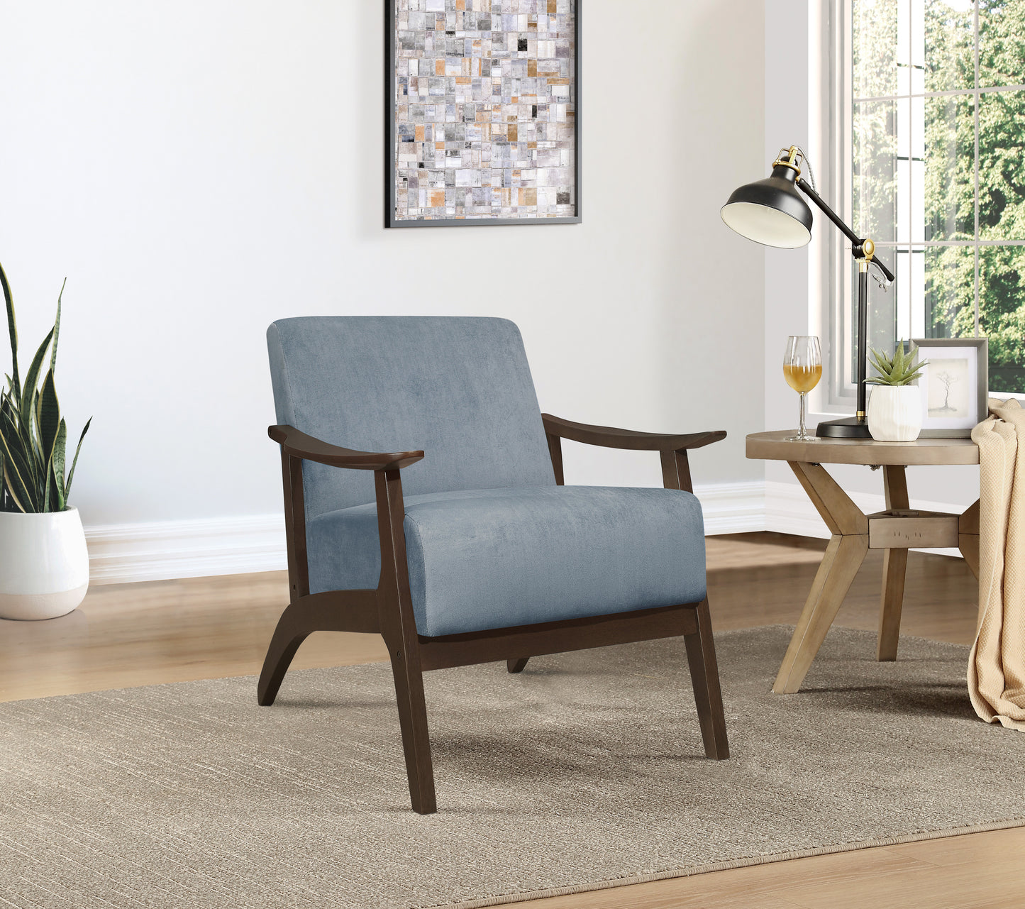 Homelegance Carlson Accent Chair in Blue Gray Velvet with Dark Walnut Finish 1032BGY-1