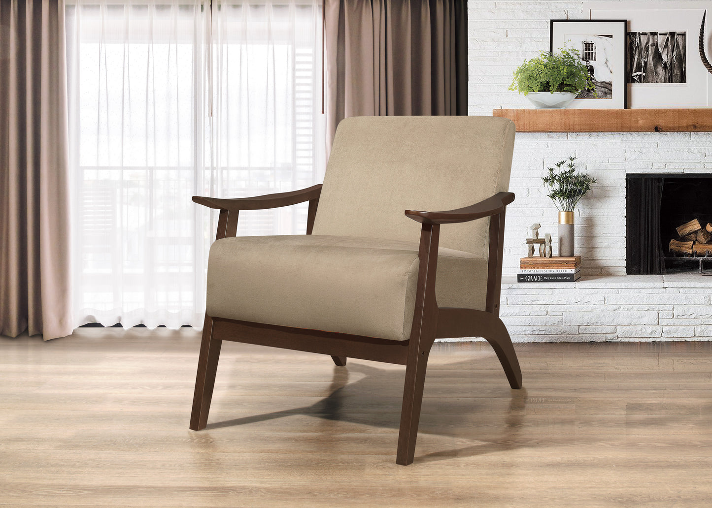 Homelegance Carlson Accent Chair in Light Brown Velvet with Dark Walnut Finish 1032BR-1