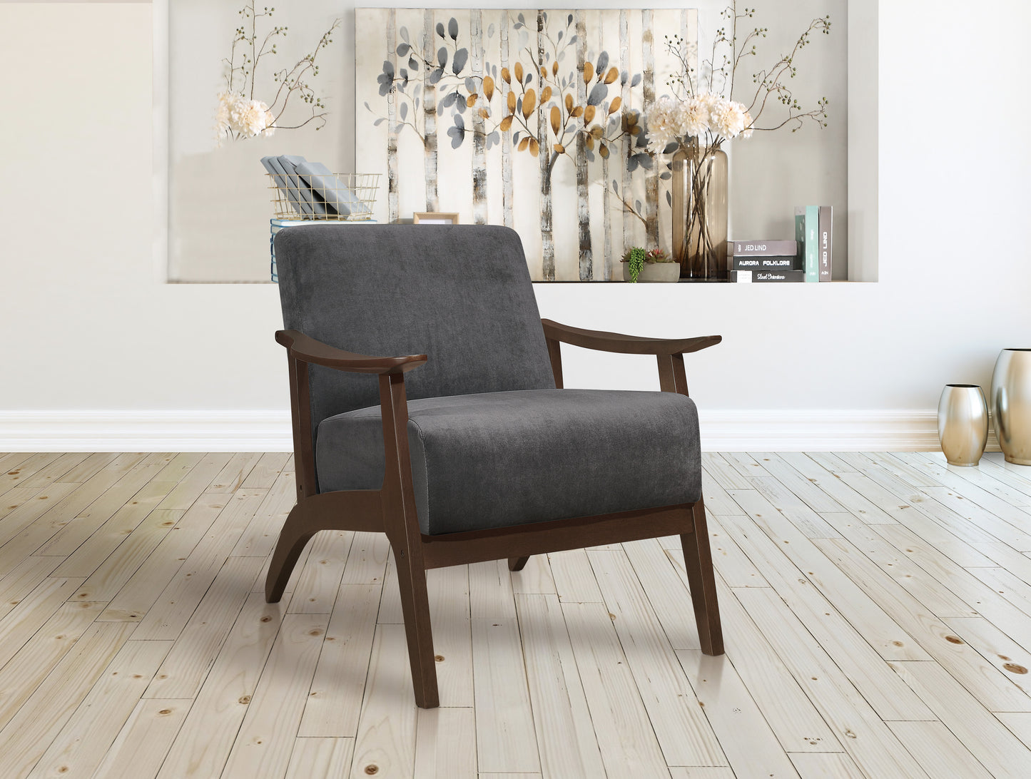 Homelegance Carlson Accent Chair in Dark Gray Velvet with Dark Walnut Finish 1032DG-1