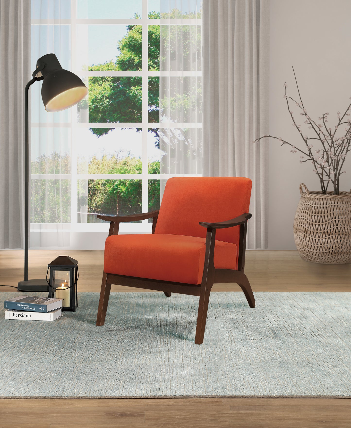 Homelegance Carlson Accent Chair in Orange Velvet with Dark Walnut Finish 1032RN-1