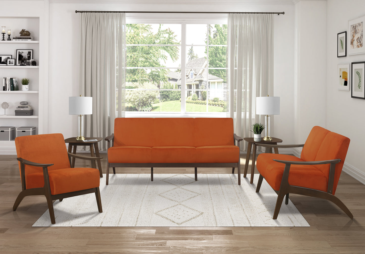 Homelegance Carlson Accent Chair in Orange Velvet with Dark Walnut Finish 1032RN-1