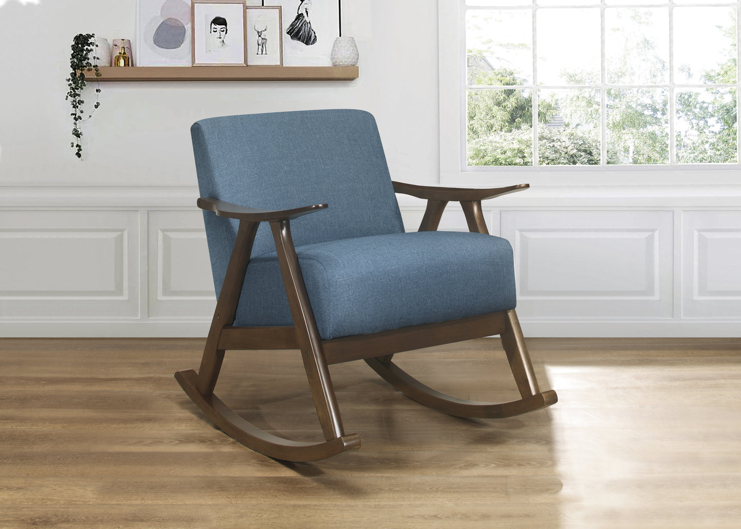 Homelegance Waithe Rocking Chair in Textured Blue Fabric with Dark Walnut Finish 1034BU-1