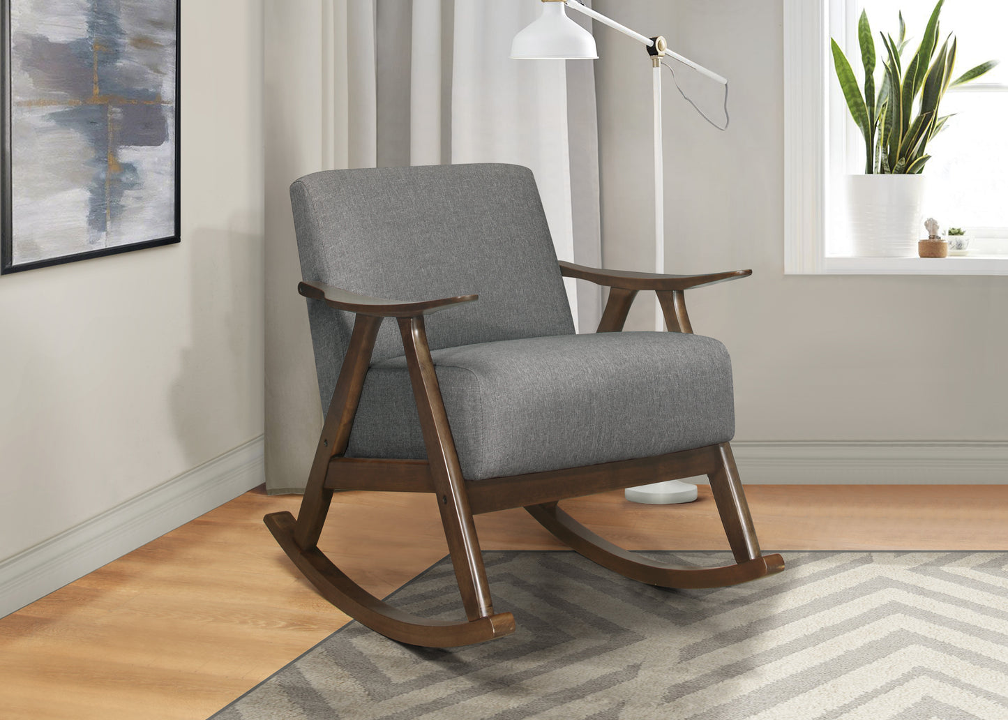 Homelegance Waithe Rocking Chair in Textured Gray Fabric with Dark Walnut Finish 1034GY-1