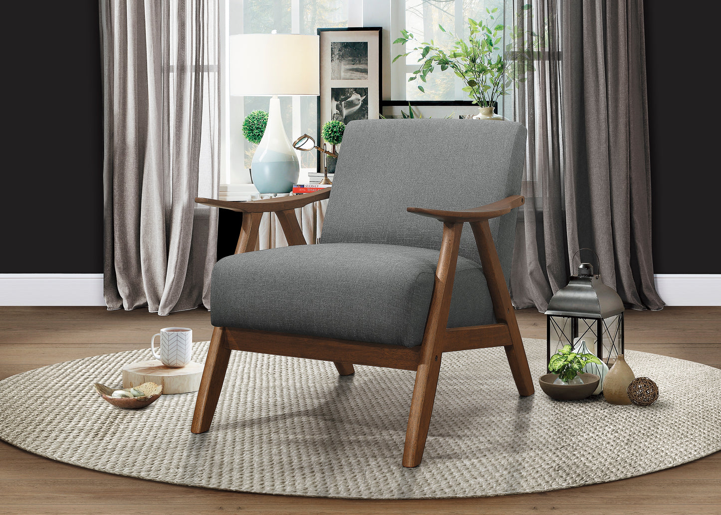 Homelegance Damala Accent Chair in Textured Gray Fabric with Walnut Finish 1138GY-1