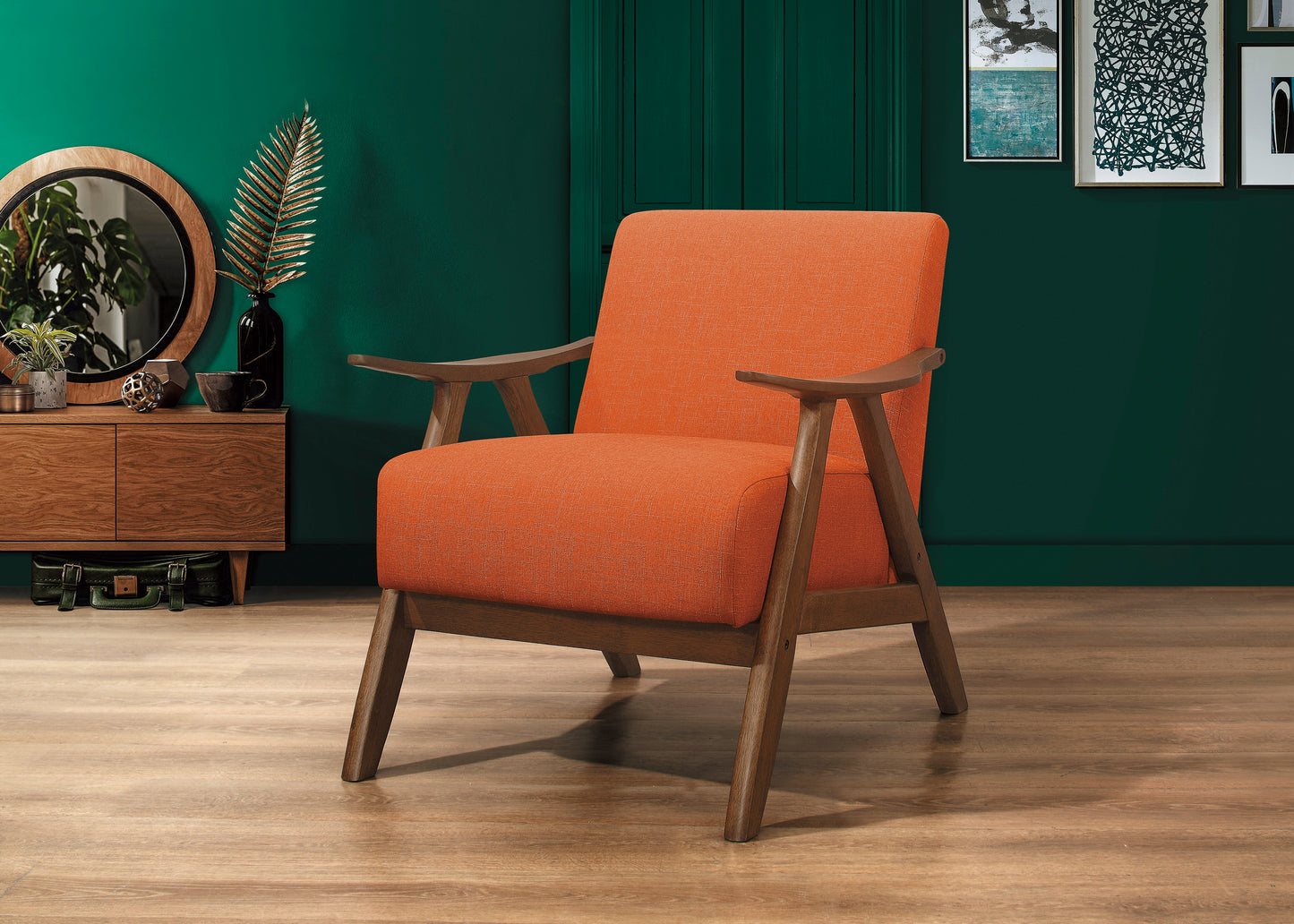 Homelegance Damala Accent Chair in Textured Orange Fabric with Walnut Finish 1138RN-1