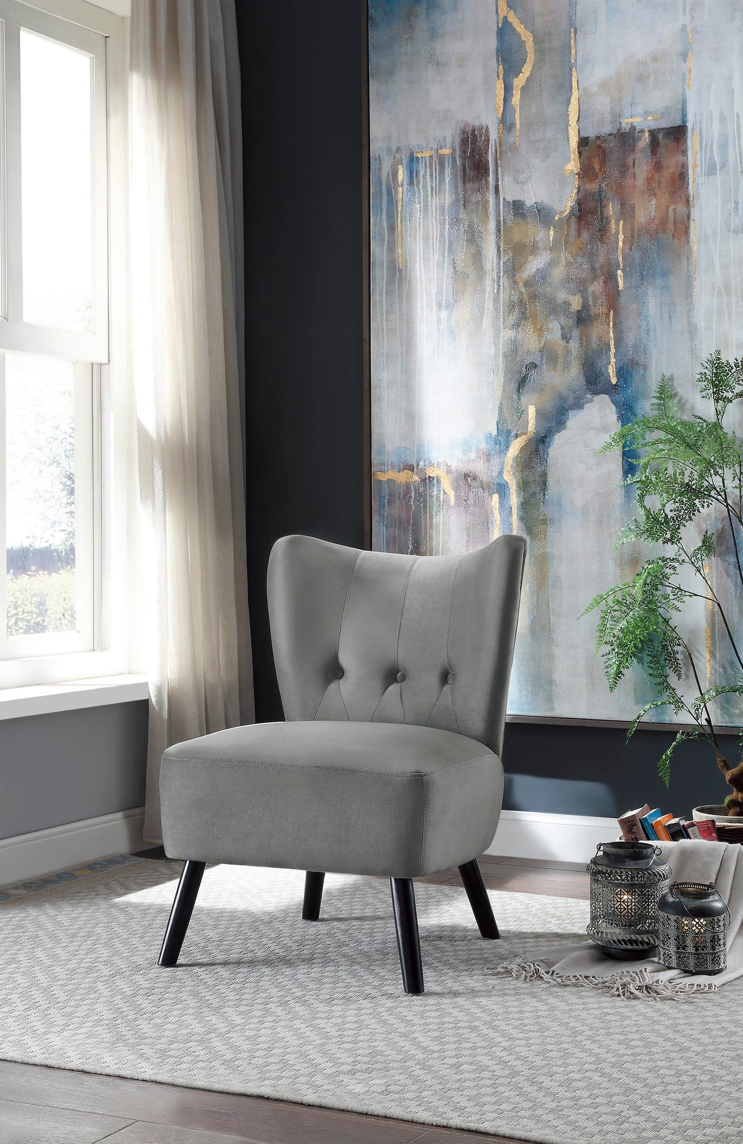 Homelegance Imani Accent Chair in Gray Velvet with Button Tufted Back 1166GY-1