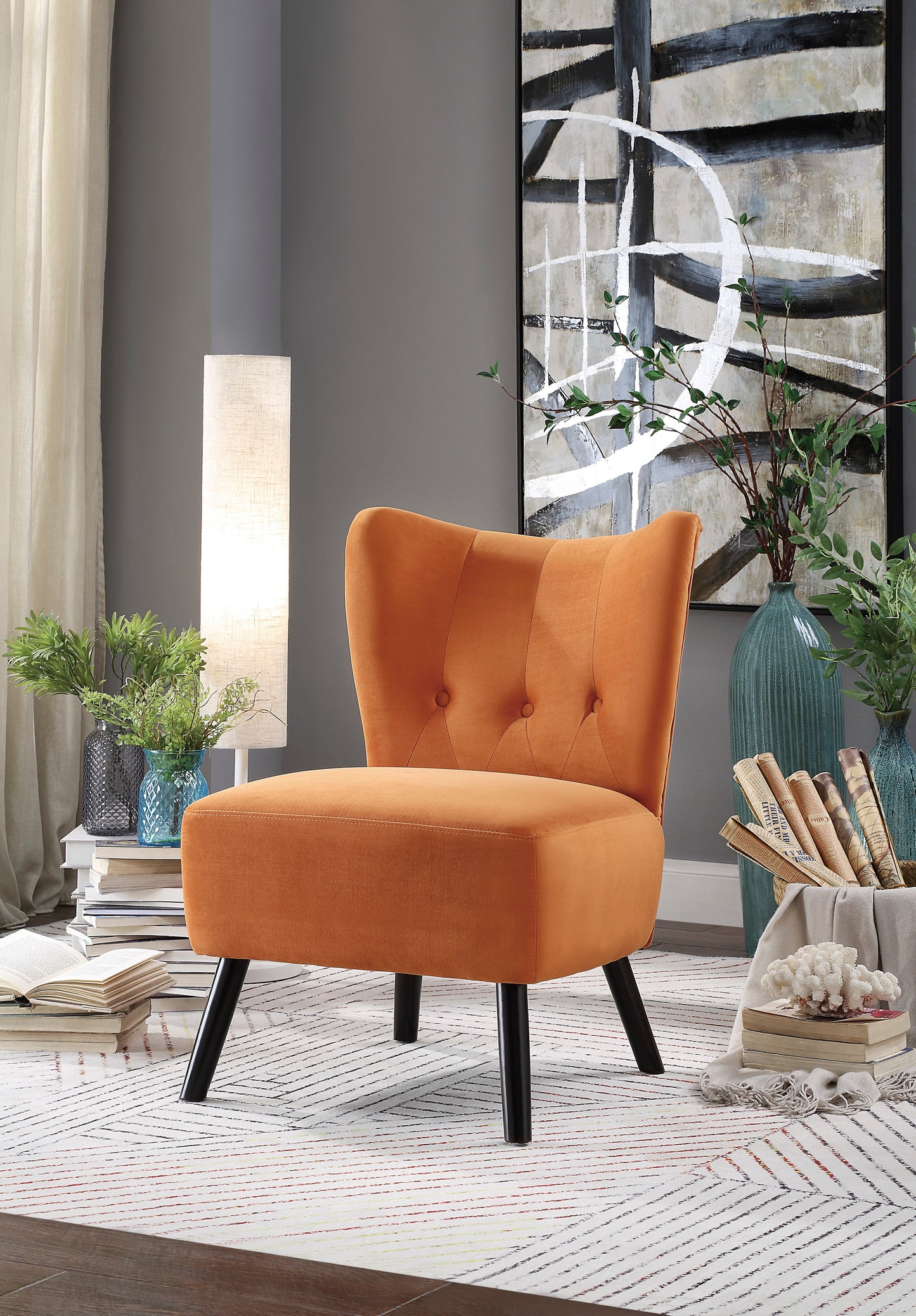 Homelegance Imani Accent Chair in Orange Velvet with Button Tufted Back 1166RN-1