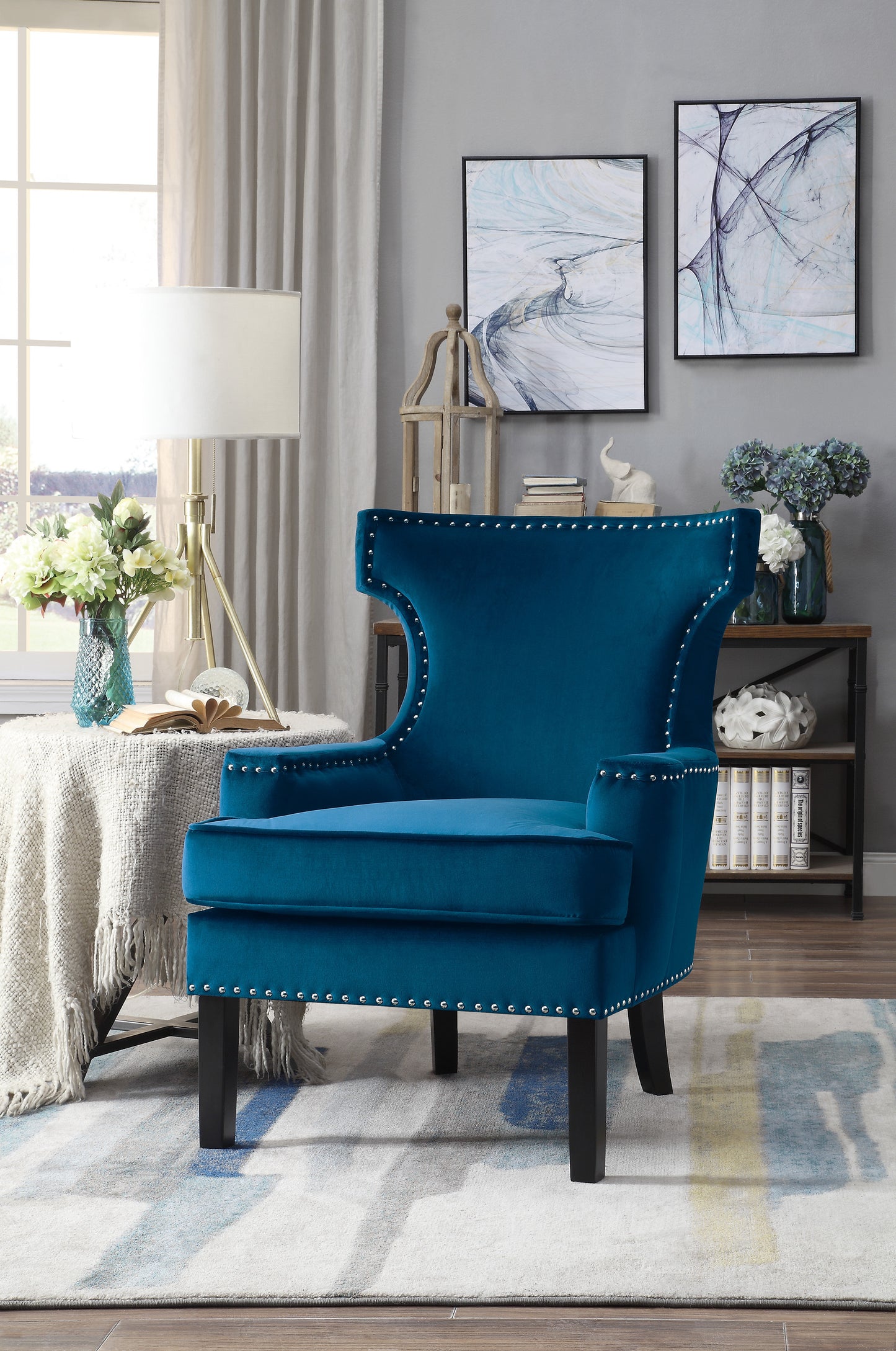 Homelegance Lapis Accent Chair in Blue Velvet with Nailhead Trim 1190BU-1