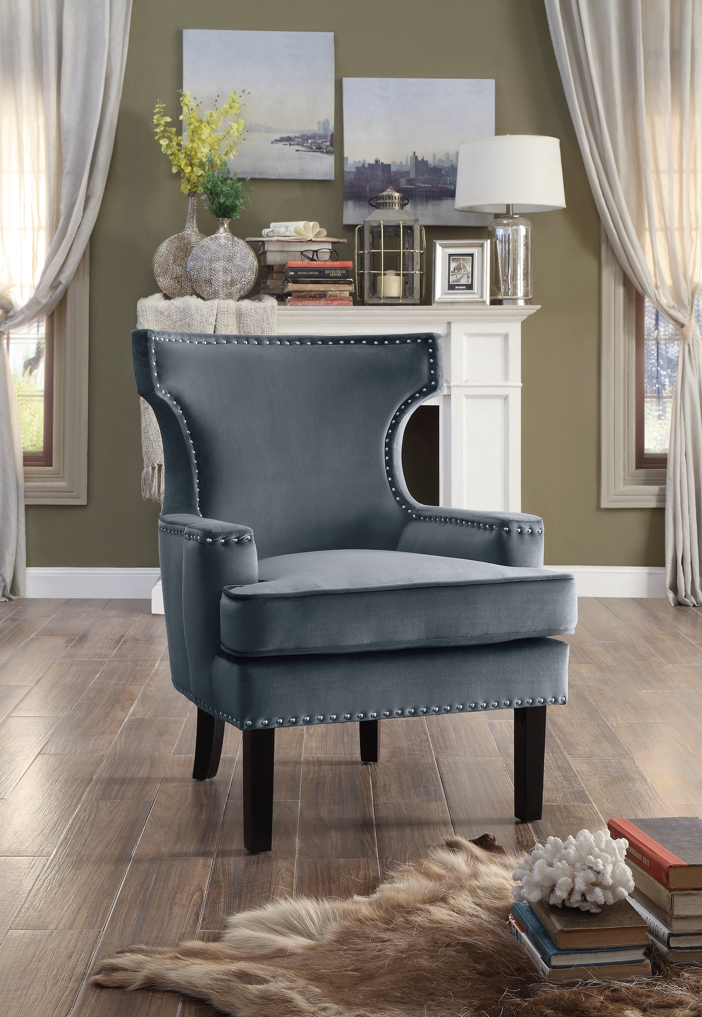 Homelegance Lapis Accent Chair in Gray Velvet with Nailhead Trim 1190GY-1