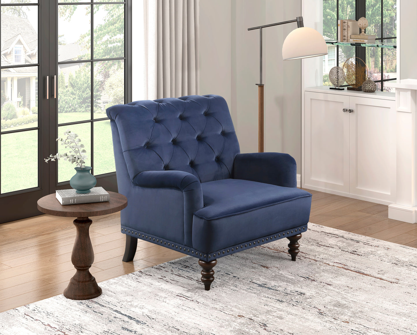 Homelegance Holland Park Accent Chair in Dark Blue Velvet with Nailhead Trim 1201F3S