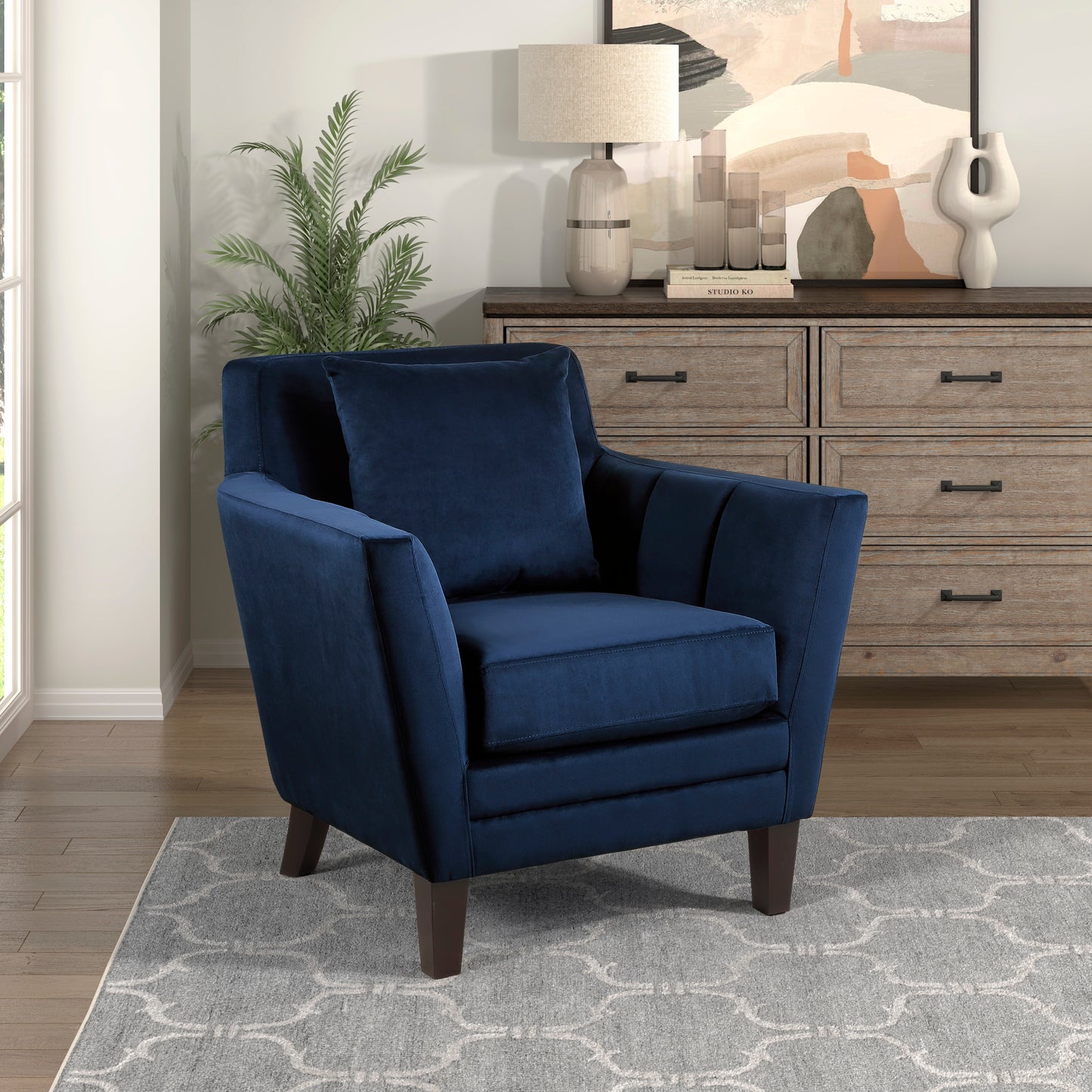 Homelegance Adore Accent Chair in Navy Blue Velvet with Dark Brown Legs 1209BUE-1