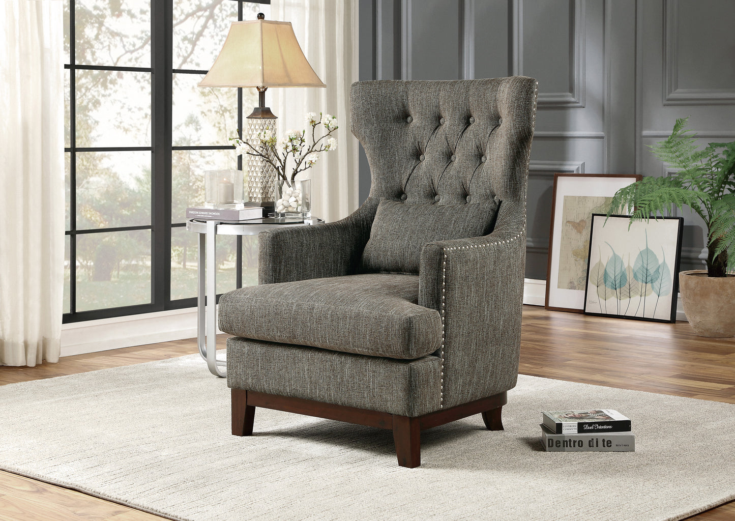 Homelegance Adriano Accent Chair in Brown Gray Textured Fabric with Nailhead Trim 1217F3S