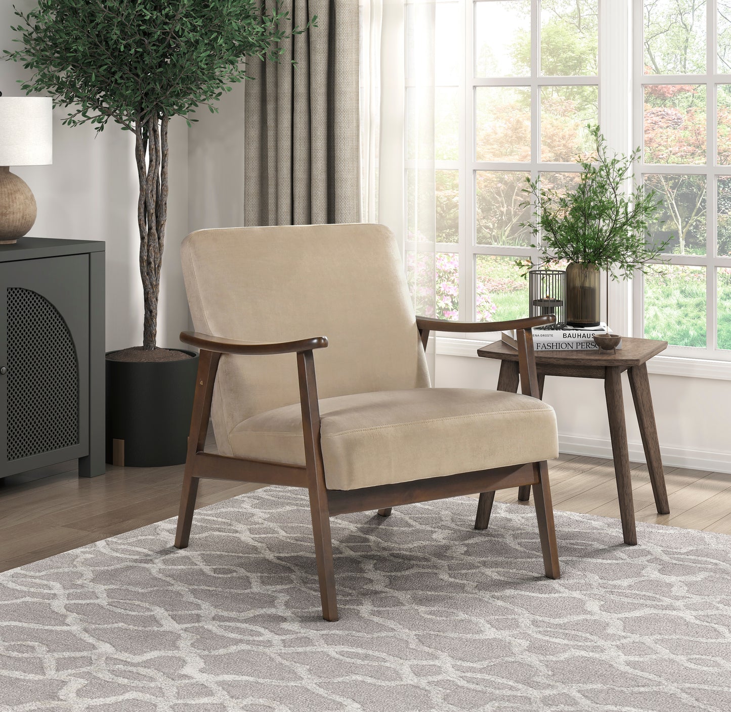 Homelegance Landers Accent Chair in Light Brown Velvet with Dark Walnut Finish 1230BR-1