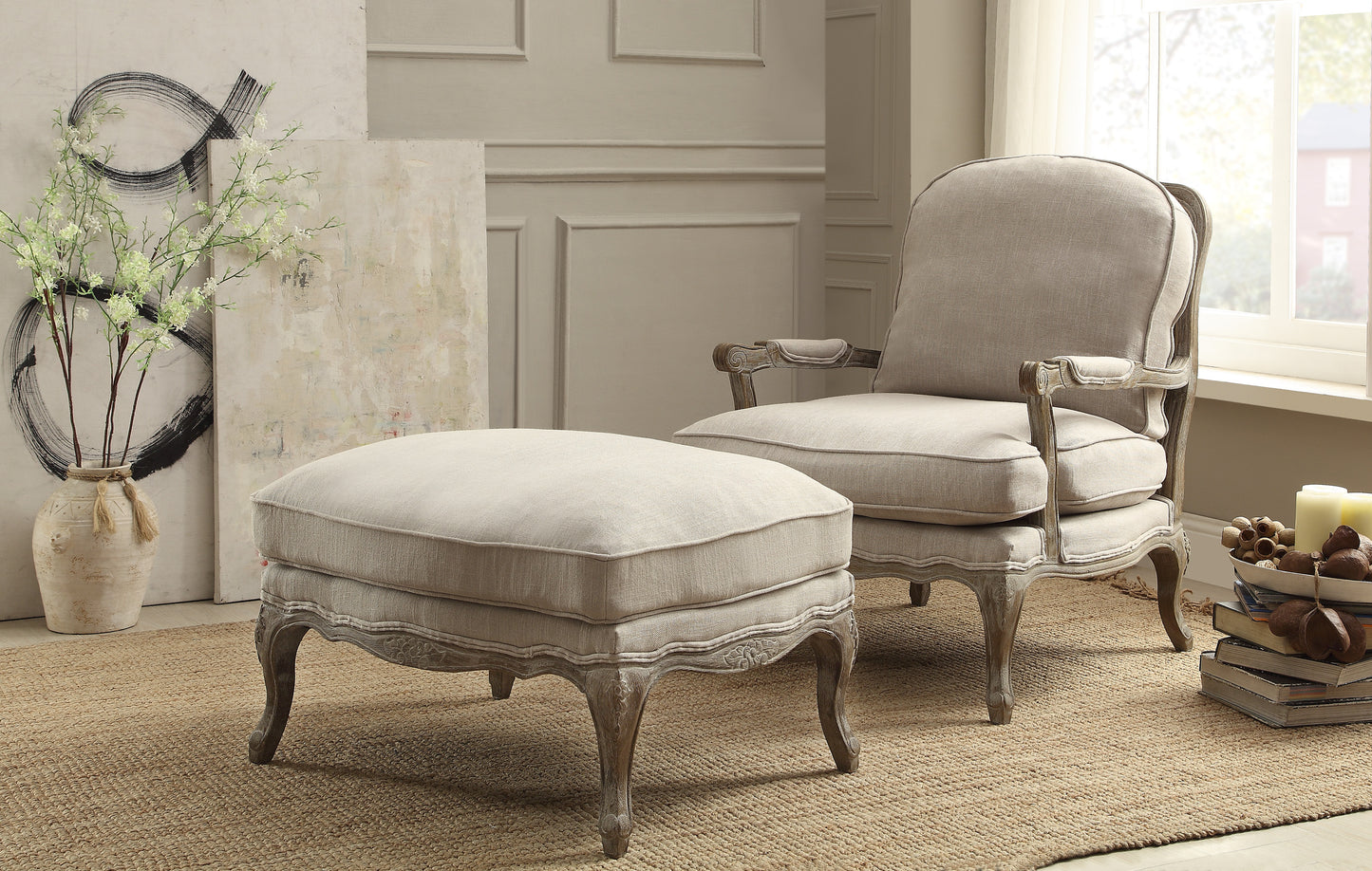 Homelegance Parlier Accent Chair in Natural Textured Fabric with Weathered Gray Finish 1234-1