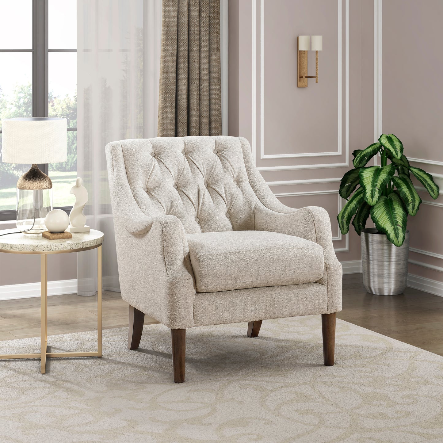 Homelegance Stella Accent Chair in Beige Boucle Fabric with Button Tufting 1248BE-1