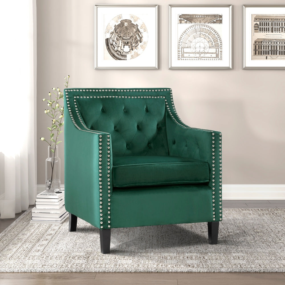 Homelegance Grazioso Accent Chair in Forest Green Velvet with Nailhead Trim 1297FG-1NN