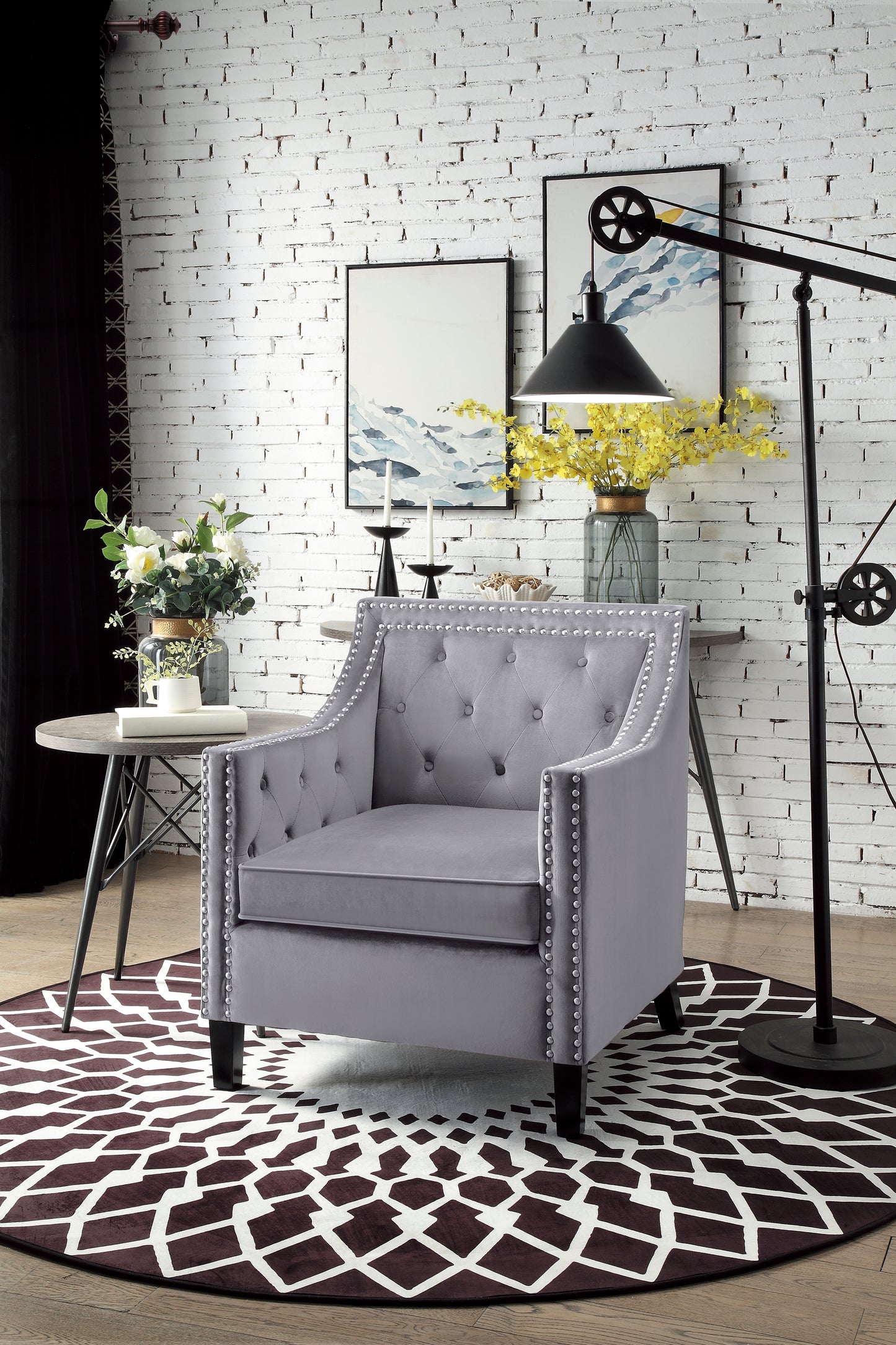 Homelegance Grazioso Accent Chair in Dark Gray Velvet with Button Tufting 1297GY-1NN