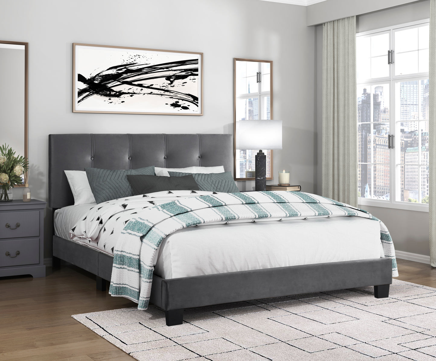 Homelegance Queen Bed Newberry Dark Gray Velvet Upholstery 1350DG-1