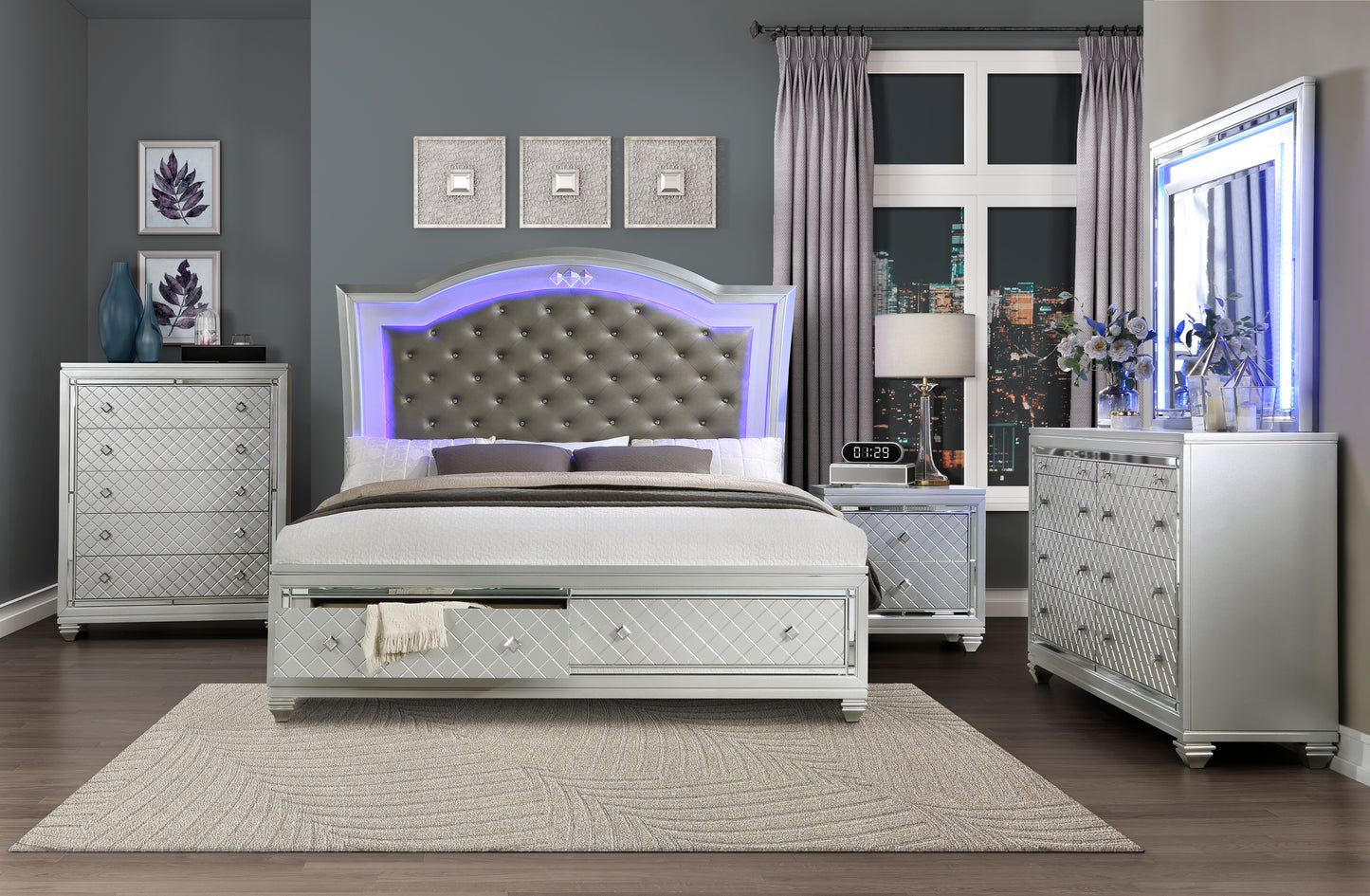 Homelegance Nightstand Leesa Silver Finish with Diamond Pattern Drawer Fronts 1430-4