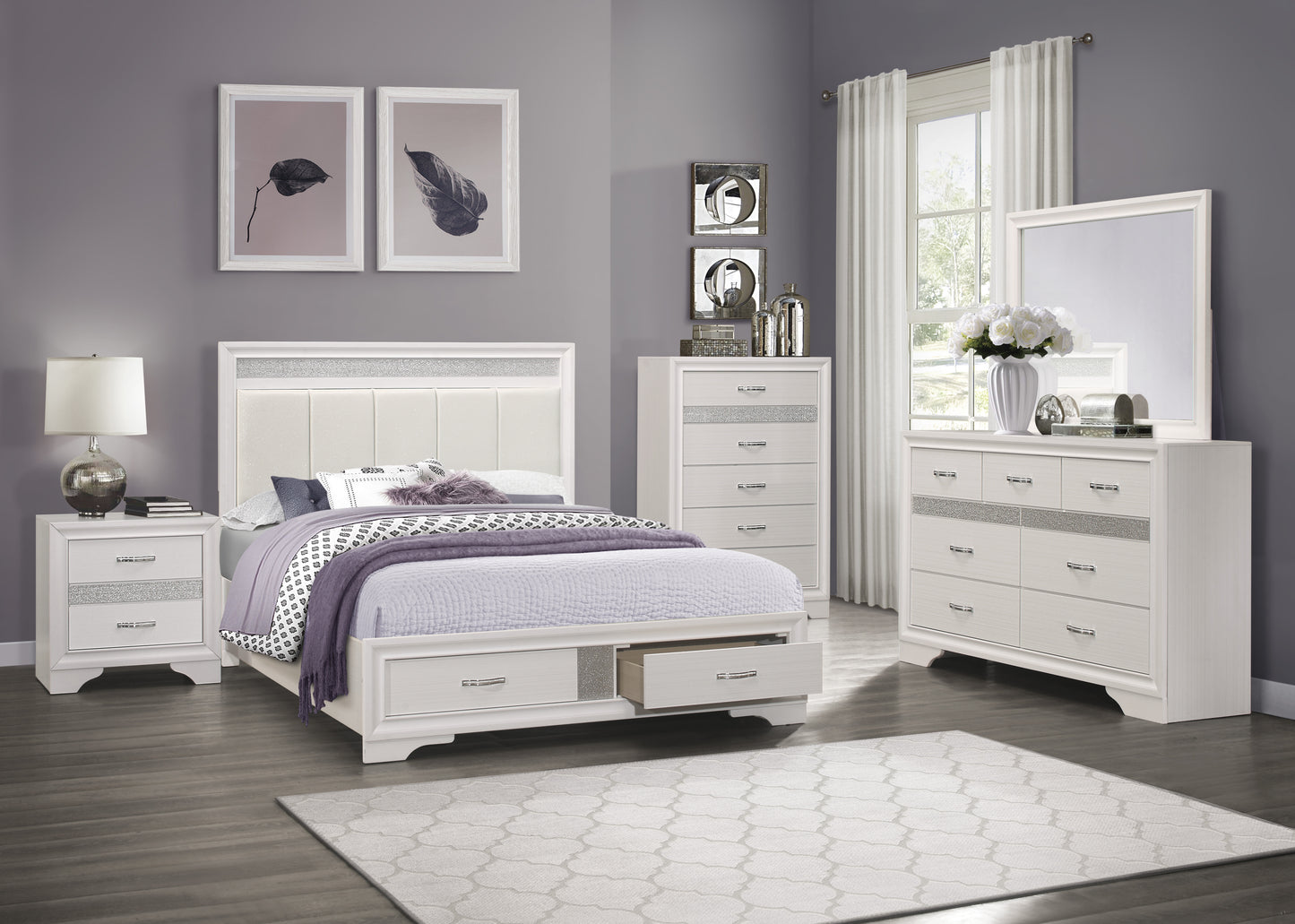Homelegance Nightstand Luster White Silver Finish with Hidden Jewelry Drawer 1505W-4