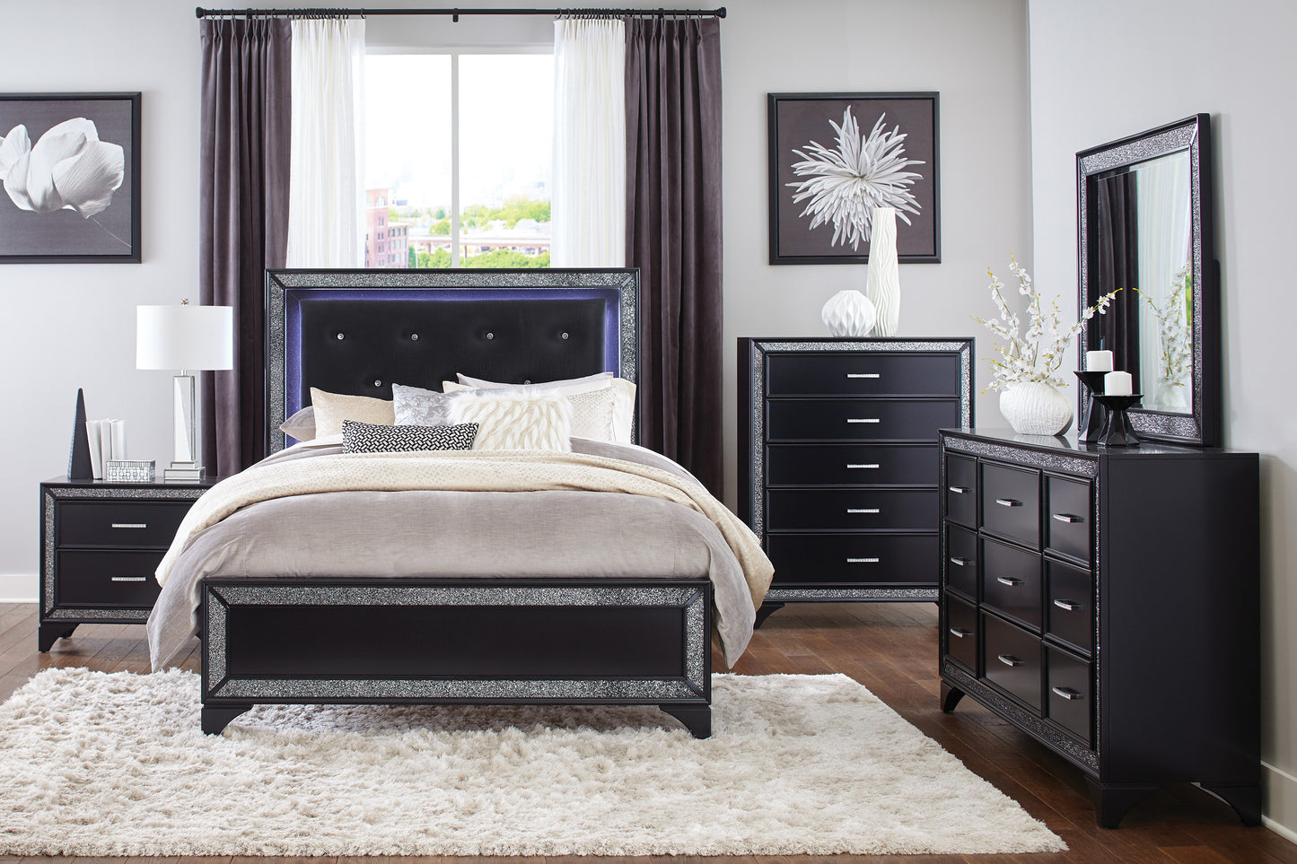 Homelegance Nightstand Salon Black Pearlescent Finish with Silver Trim 1572BK-4