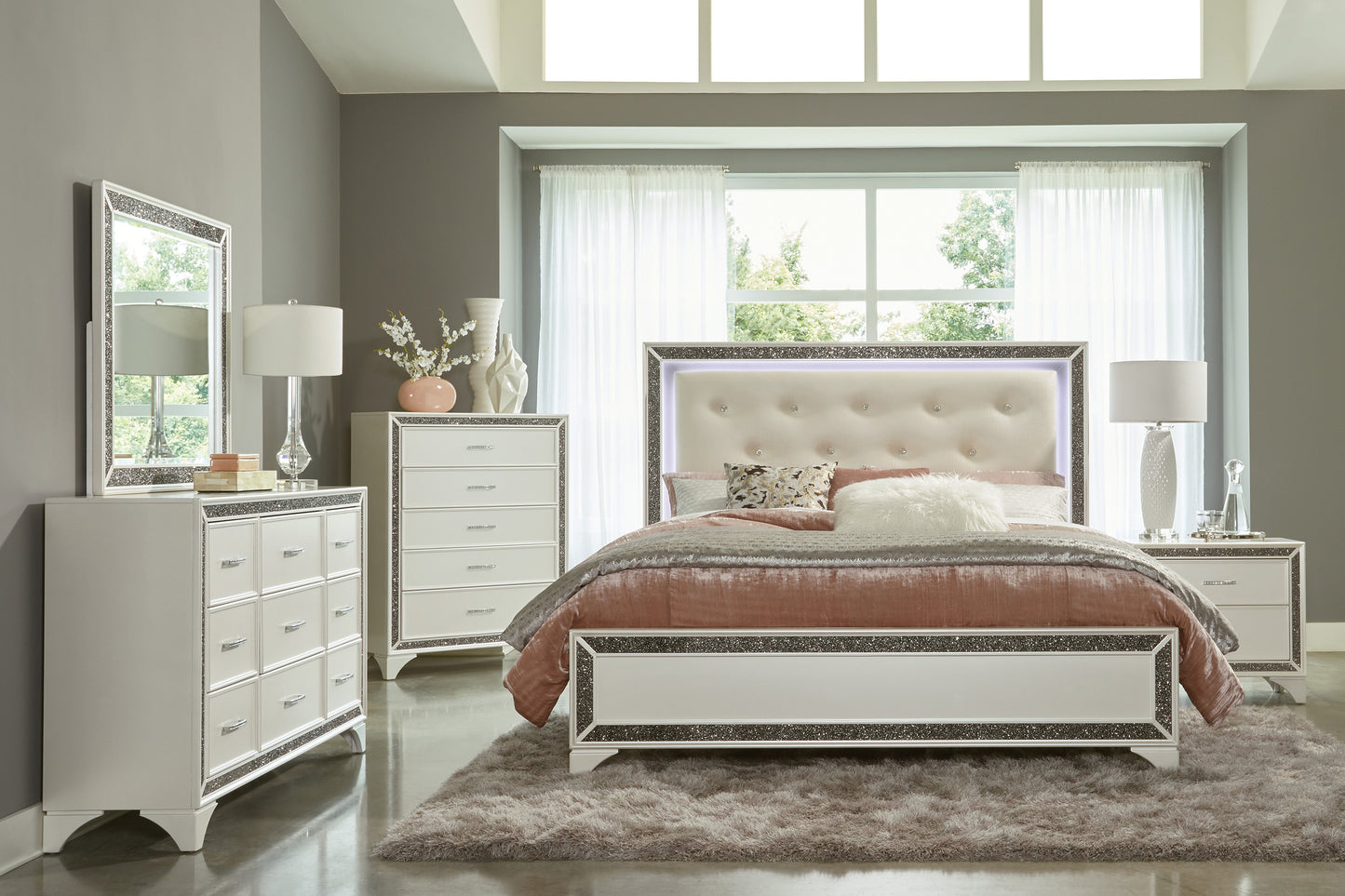 Homelegance Chest Salon White Pearlescent Finish with Silver Trim 1572W-9