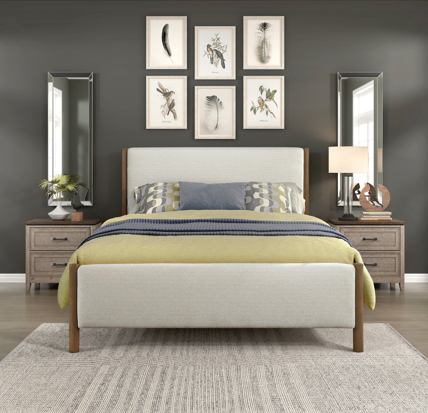 Homelegance Queen Bed Julian Beige Chenille Caramel Oak Finish 1587-1