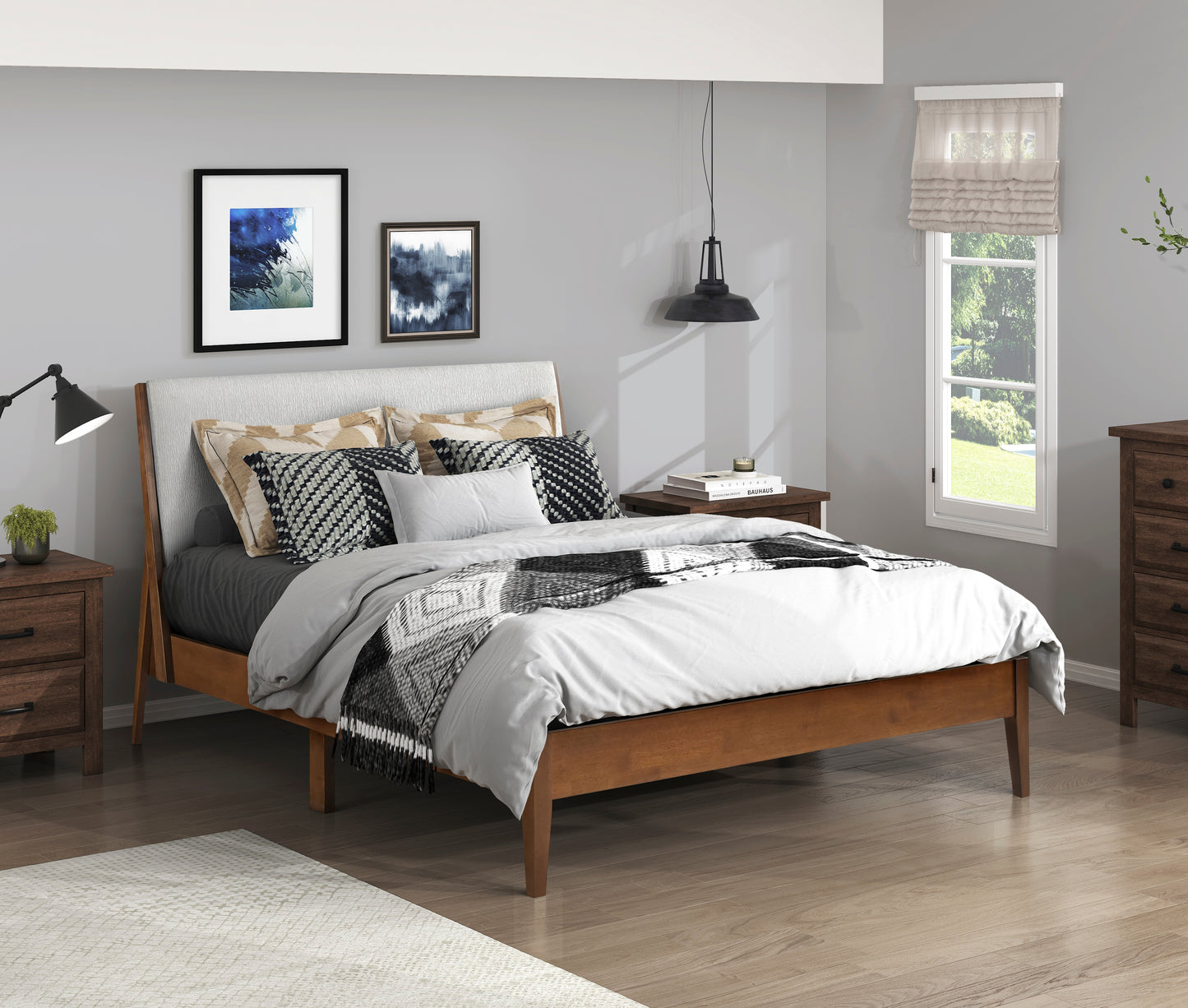 Homelegance Queen Bed Jasper Chestnut Finish Light Gray Upholstery 1588-1
