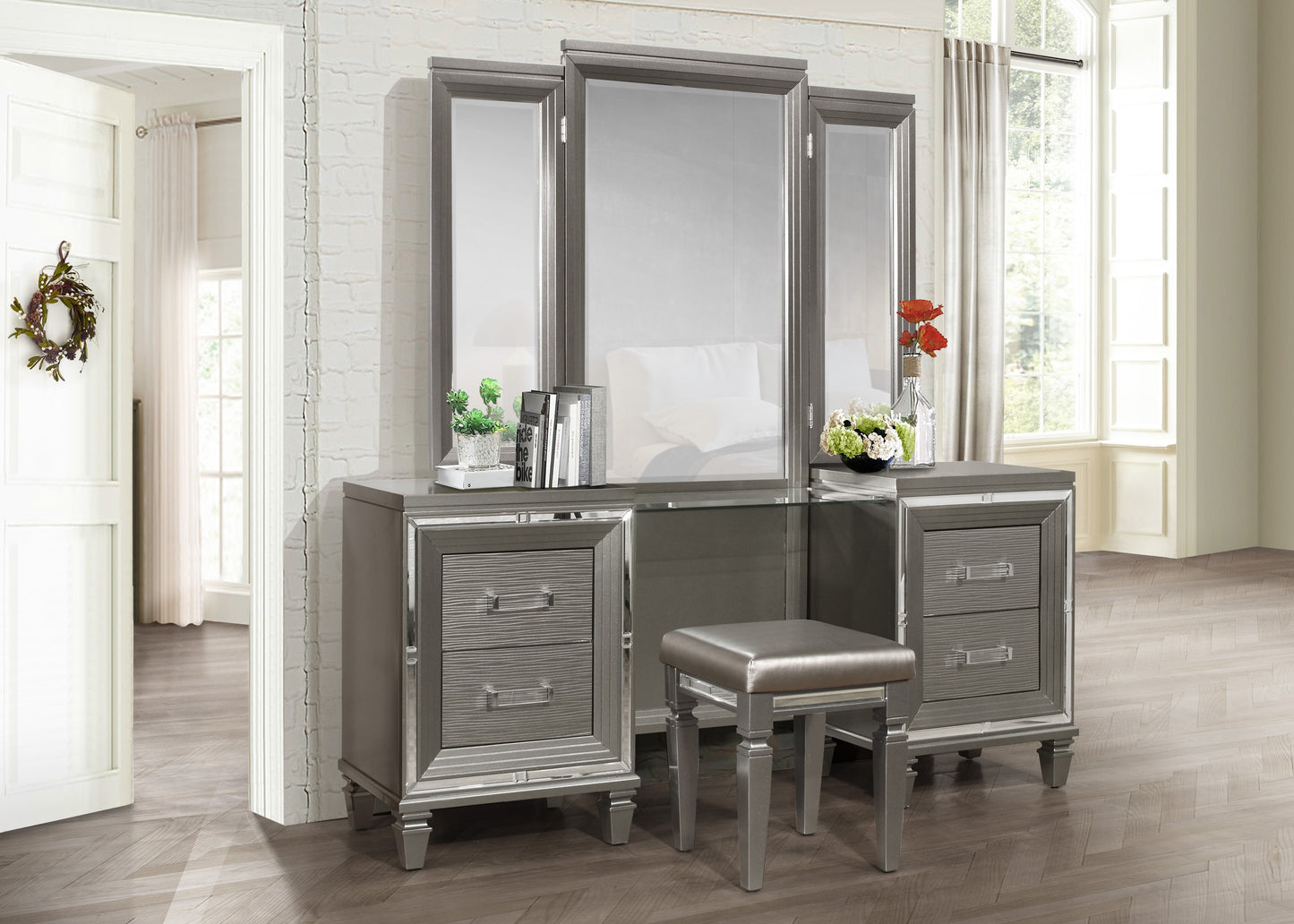 Homelegance Vanity Benches Tamsin Silver Gray Metallic Finish 1616-14