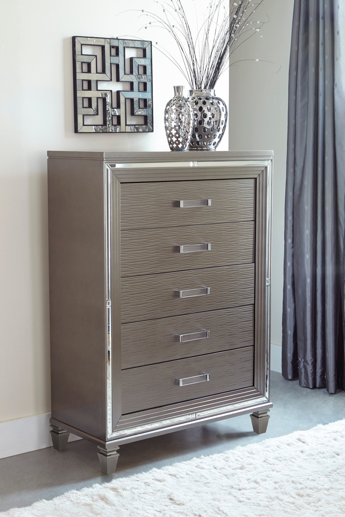 Homelegance Tamsin Chest Silver Gray Metallic Finish with Mirrored Framing 1616-9