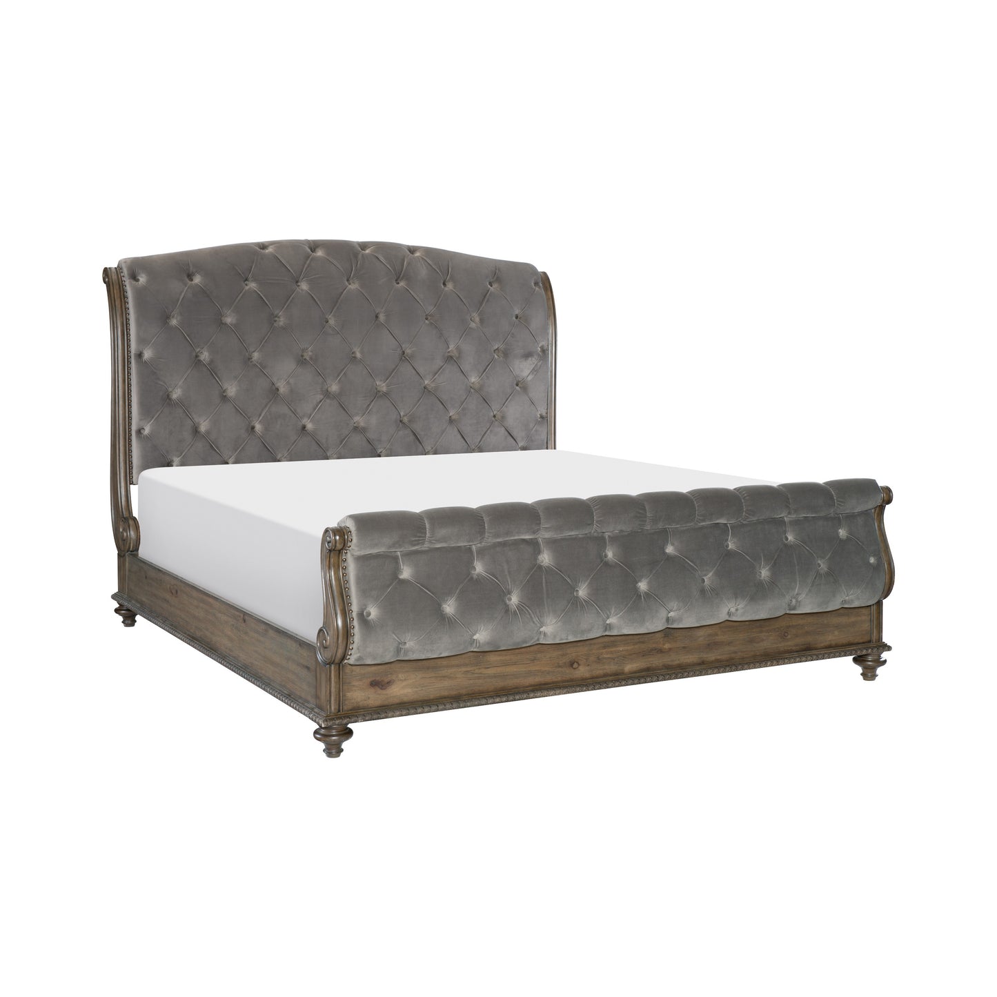 Homelegance Queen Bed Rachelle Gray Velvet Weathered Pecan Finish 1693-1