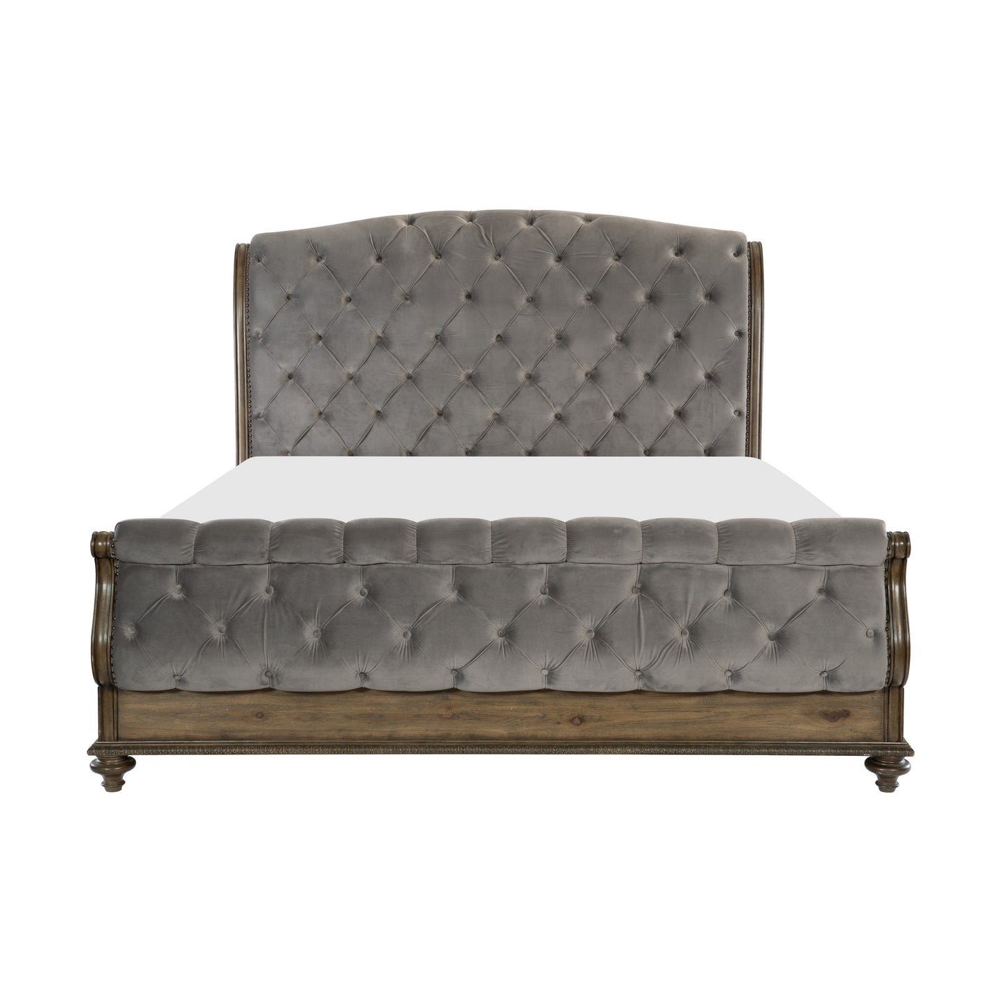 Homelegance Queen Bed Rachelle Gray Velvet Weathered Pecan Finish 1693-1