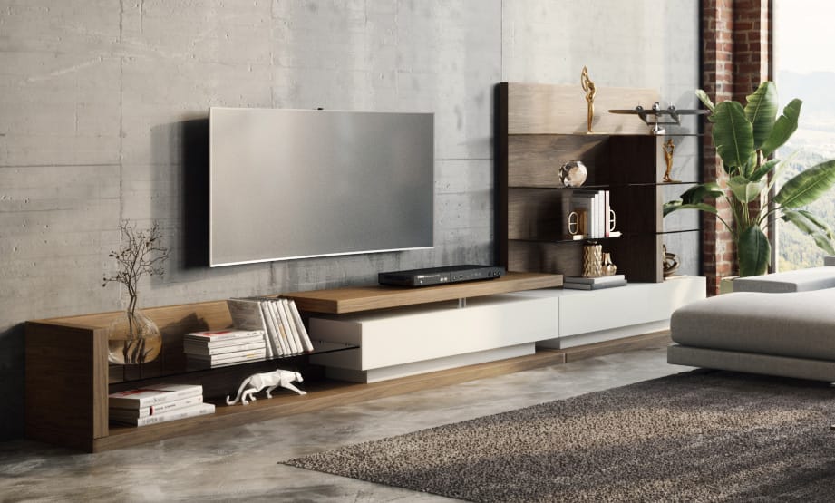Modrest Jefferson Mid-Century Walnut and White High Gloss Entertainment Center