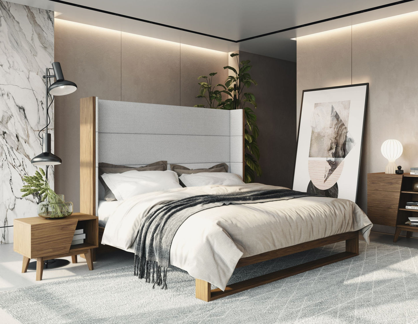 Modrest Heloise Contemporary Grey Fabric and Walnut Trim Bed