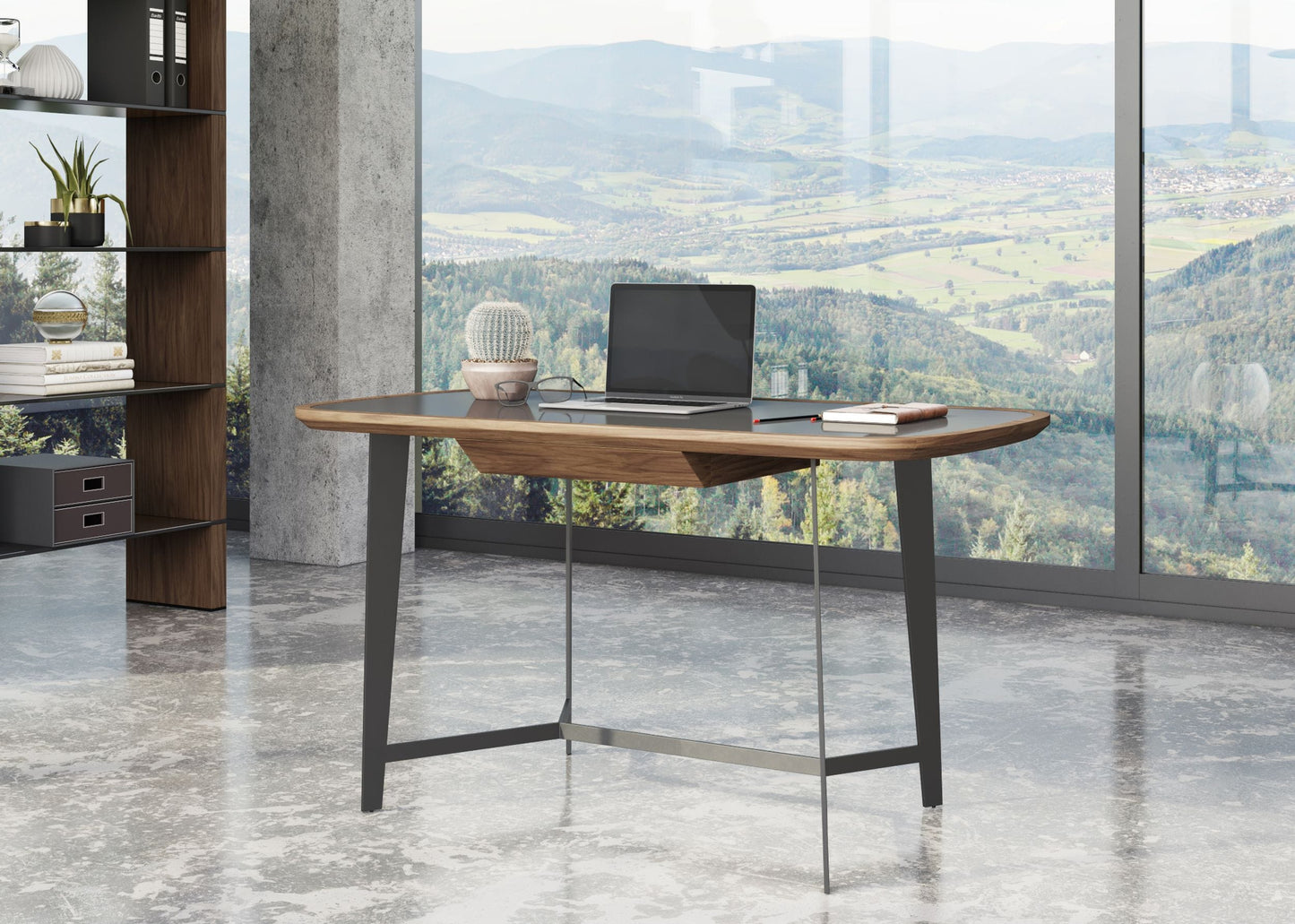 Modrest Girard Modern Walnut and Black Glass Desk