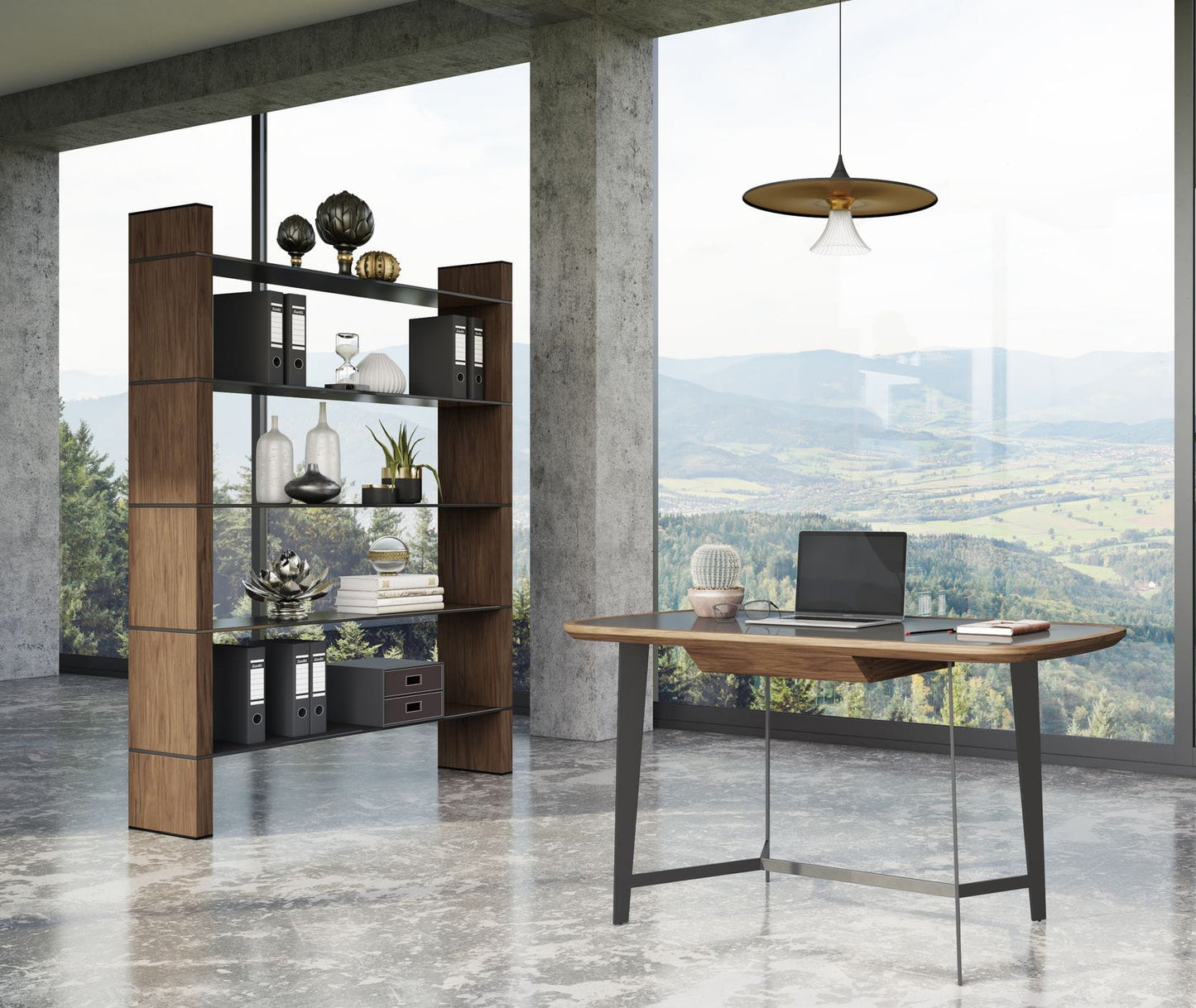 Modrest Glencoe Modern Walnut and Black Glass Bookshelf