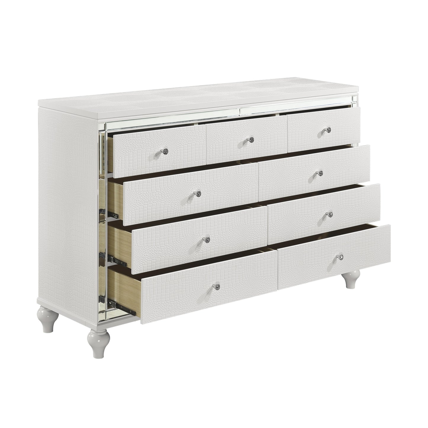 Homelegance Alonza Dresser Metallic White Finish with Mirror Trim and Crystal Knobs 1845-5