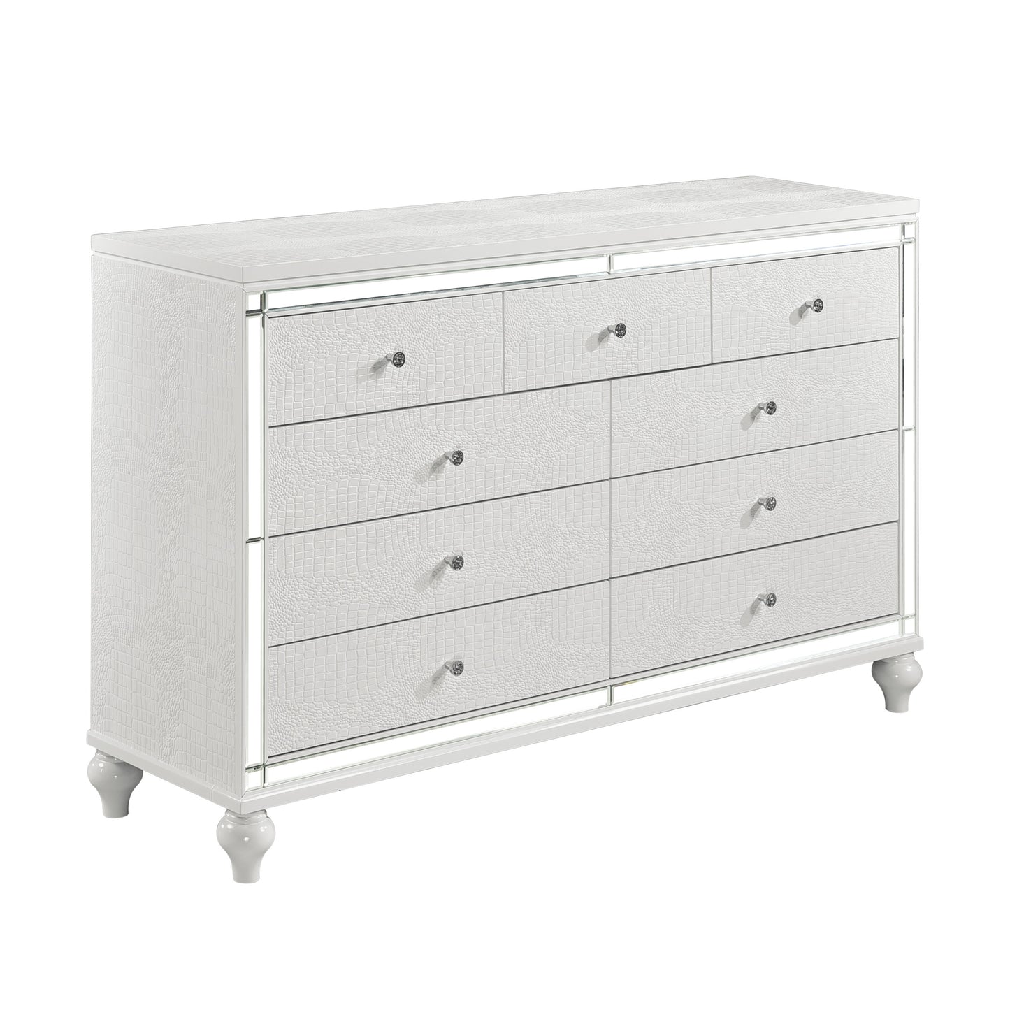 Homelegance Alonza Dresser Metallic White Finish with Mirror Trim and Crystal Knobs 1845-5