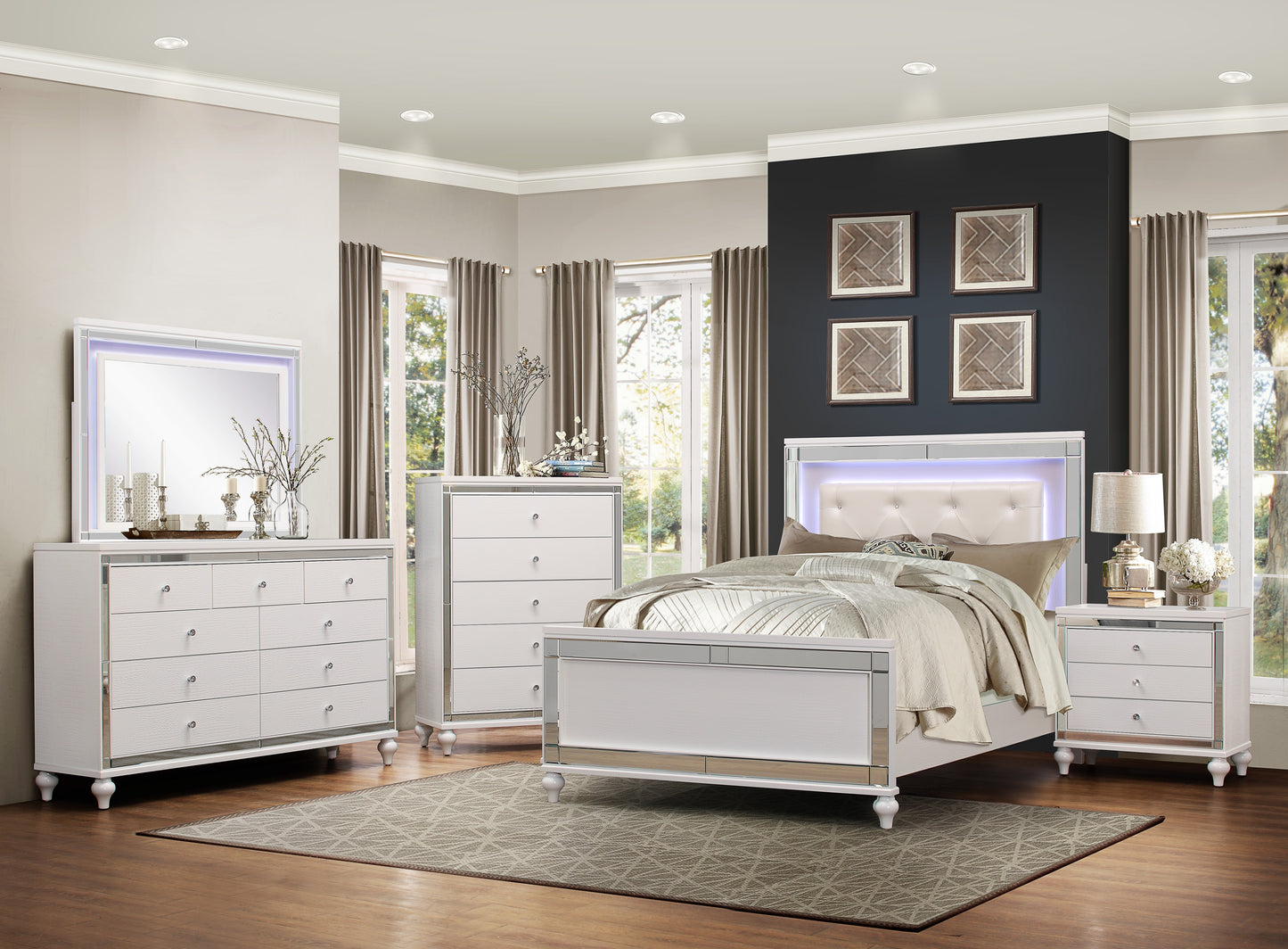 Homelegance Alonza Dresser Metallic White Finish with Mirror Trim and Crystal Knobs 1845-5