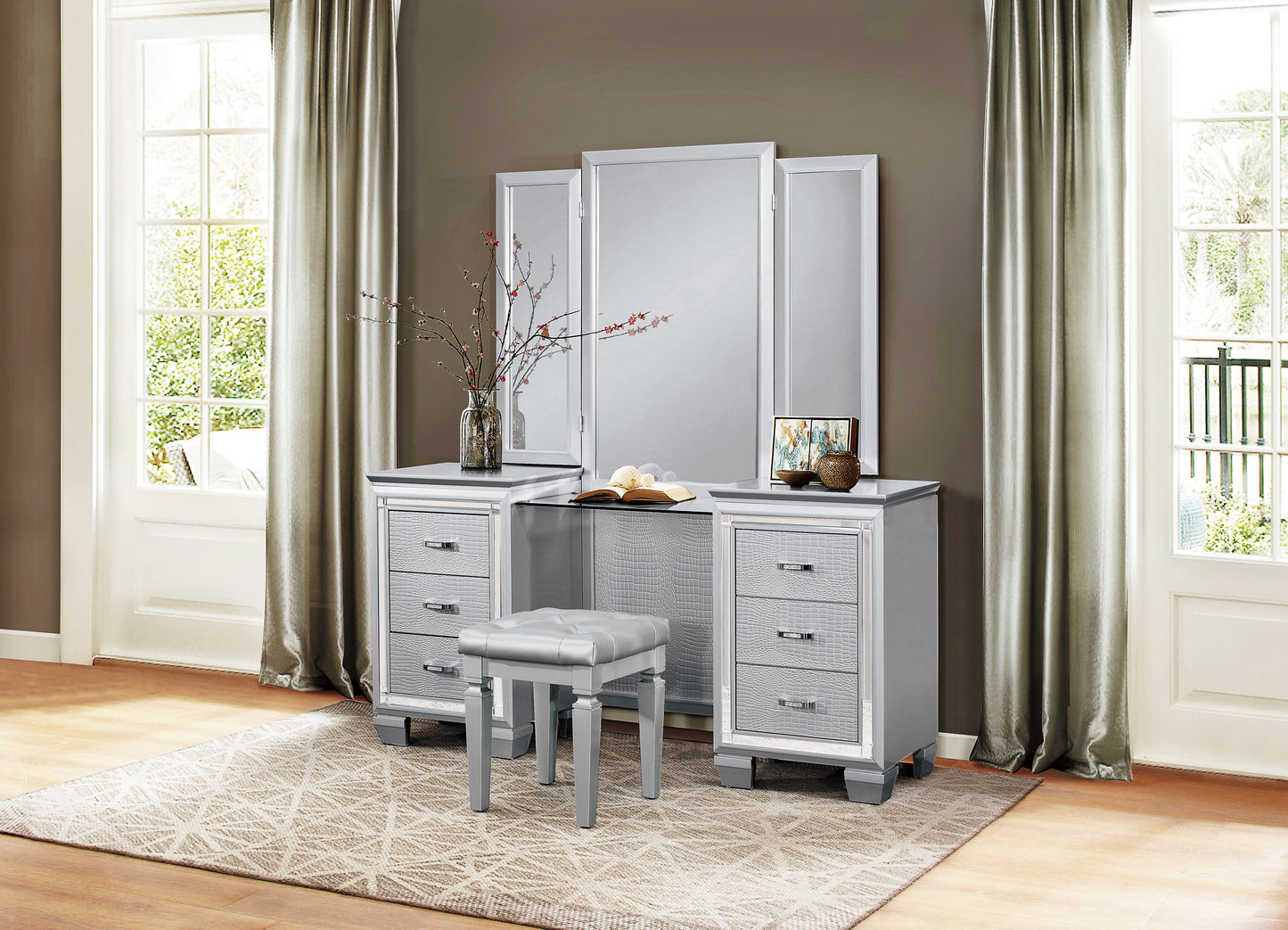 Homelegance Vanity Benches Allura Silver Finish Tufted Seat 1916-14
