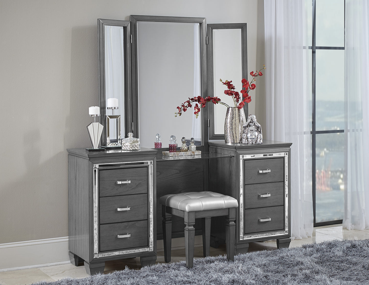 Homelegance Vanity Benches Allura Gray Finish with Tufted Seat 1916GY-14