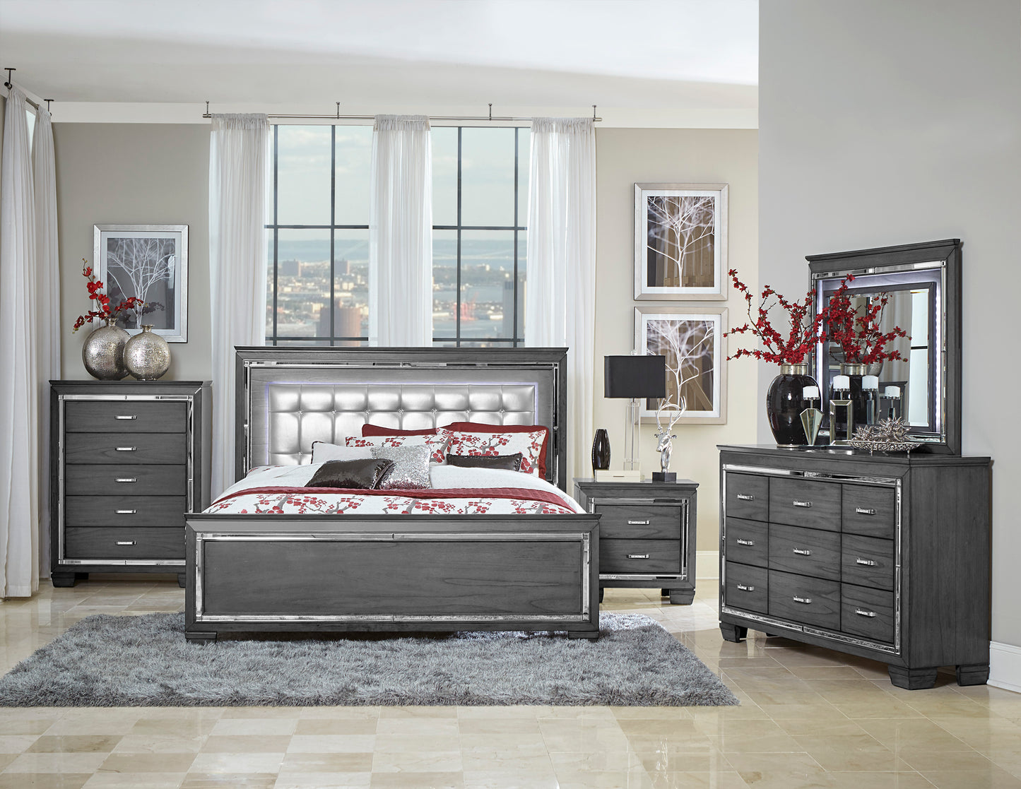 Homelegance Chest Allura Gray Finish with Mirror Accent and Crystal Pulls 1916GY-9