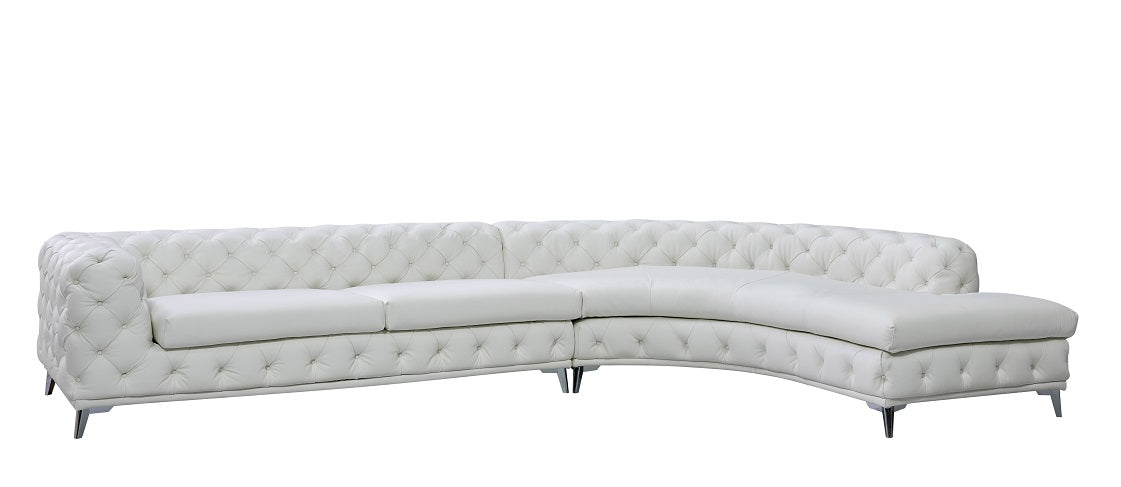 DIvani Casa Kohl Contemporary White RAF Curved Shape Sectional Sofa w/ Chaise
