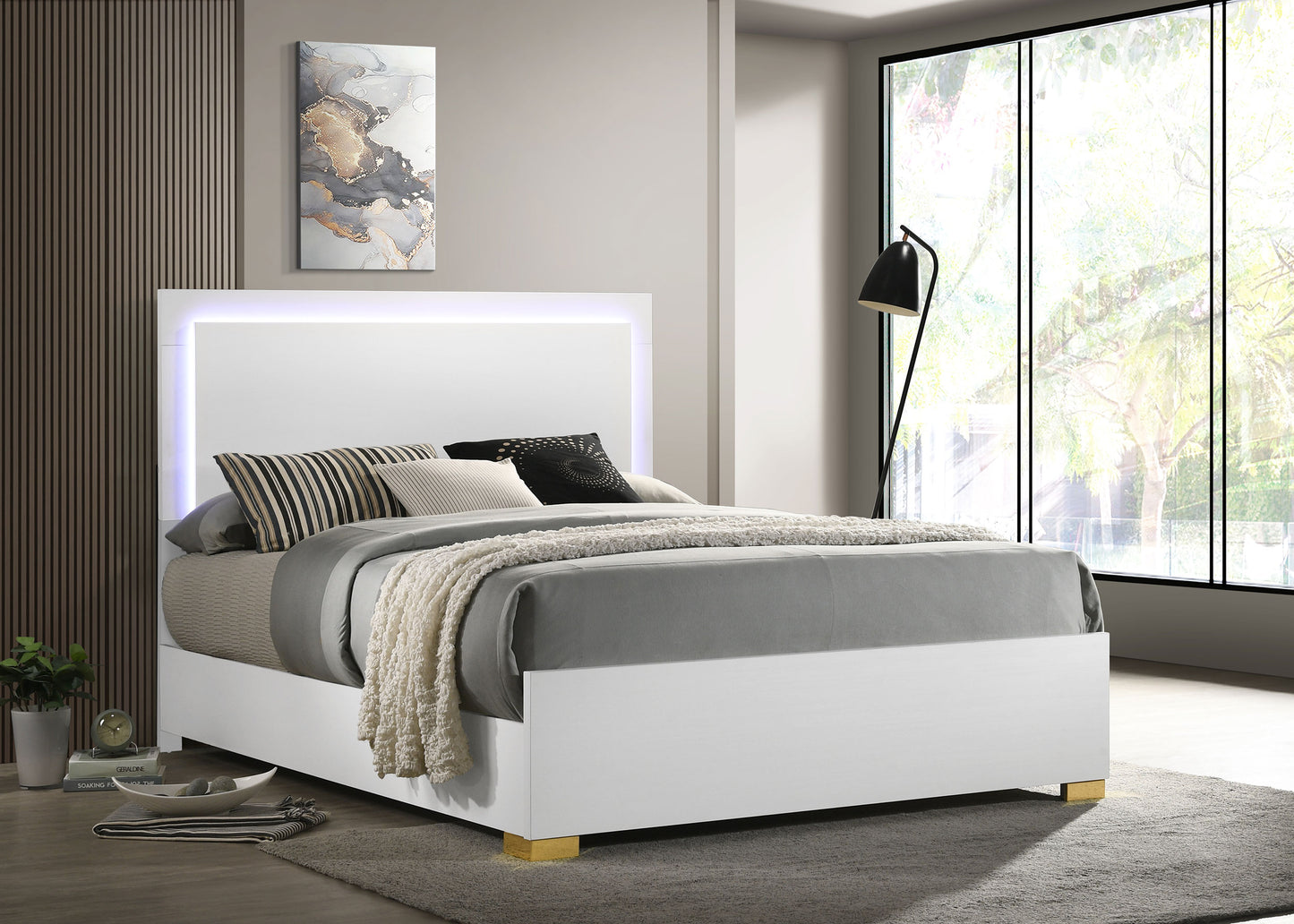 Marceline Wood Full LED Panel Bed White