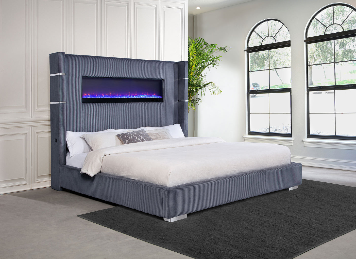 Tisdall 67-inch Upholstered Eastern King Fireplace Bed Grey