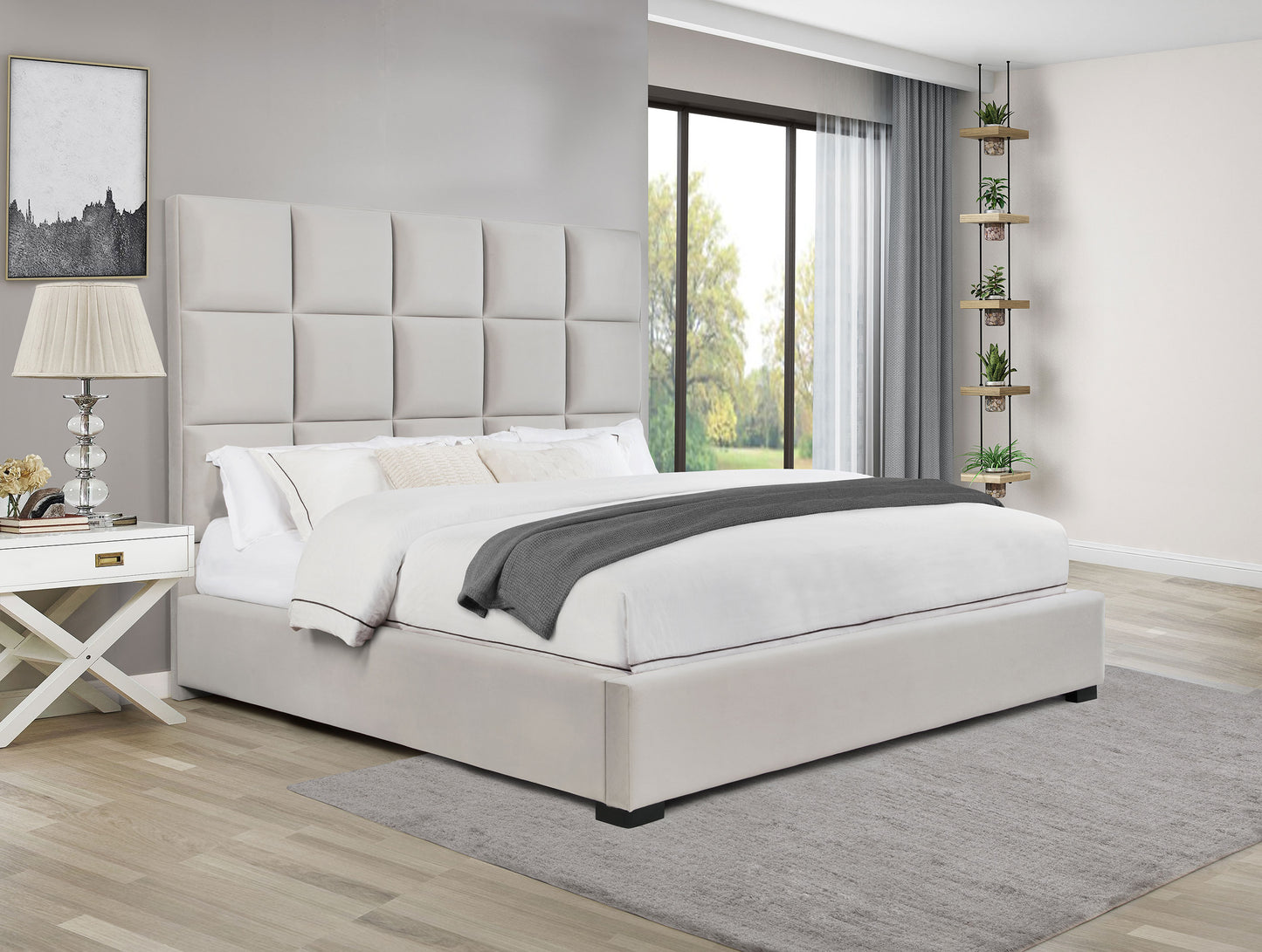 Panes Upholstered Eastern King Panel Bed Beige
