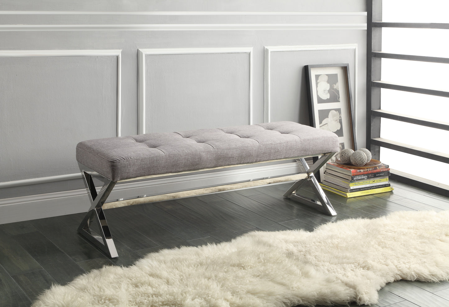 Homelegance Rory Gray Ottoman Bench with Foam Cushion and Chrome X-Frame 4605GY
