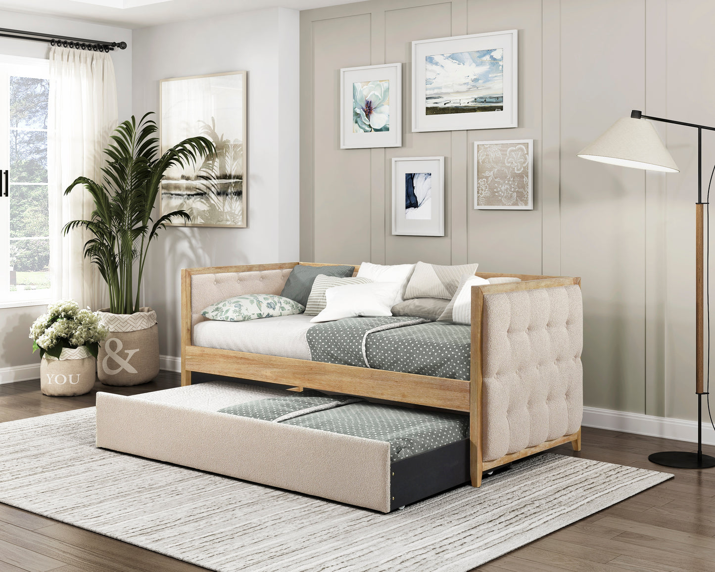 Homelegance Roseburg Daybed with Trundle Beige Boucle Fabric 4978